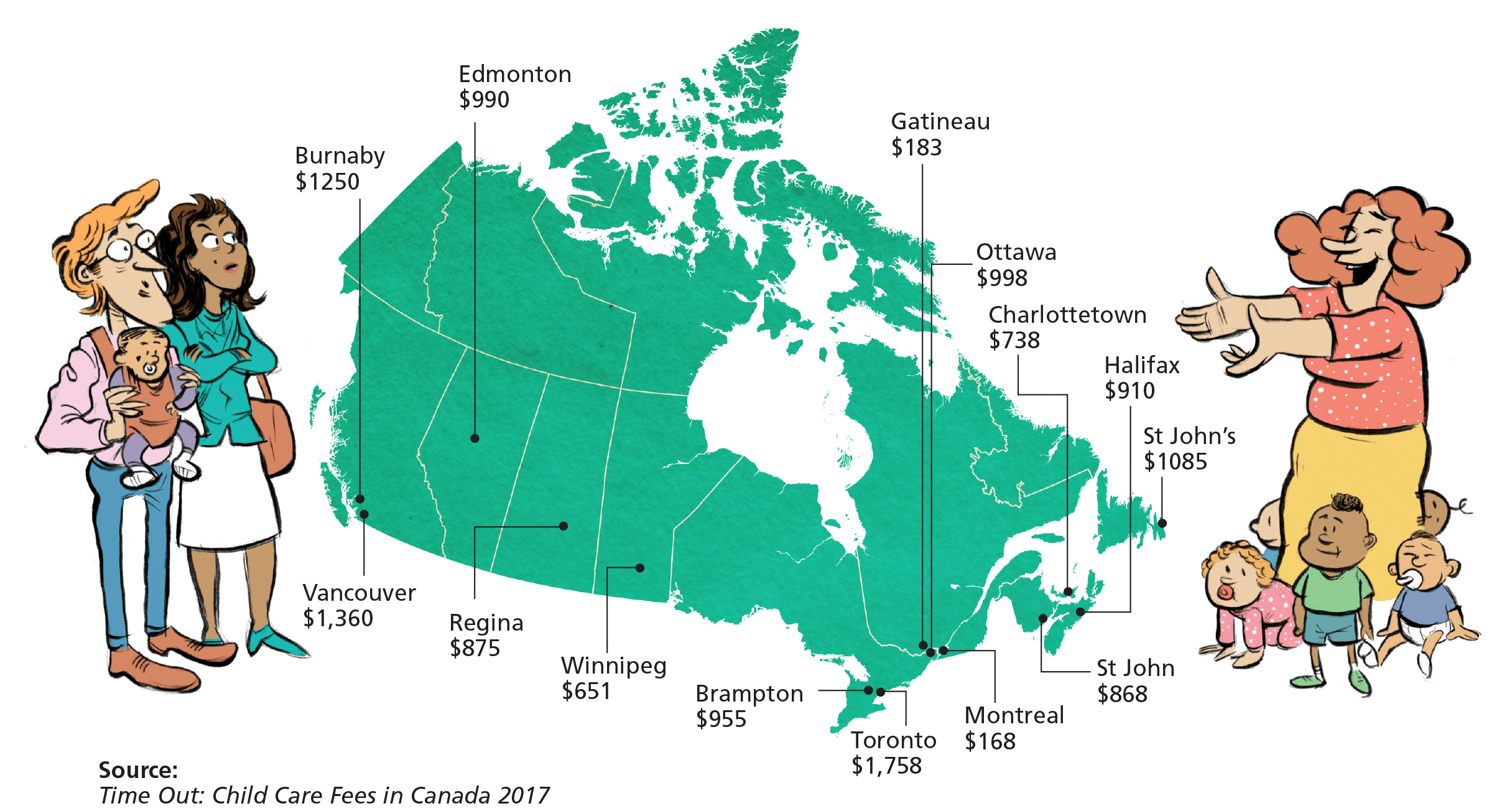 Map of Canada with childcare costs