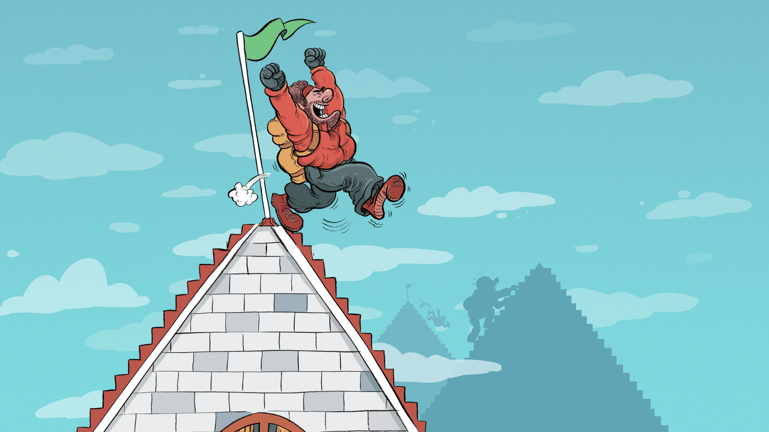 Illustration of man at top of brick house