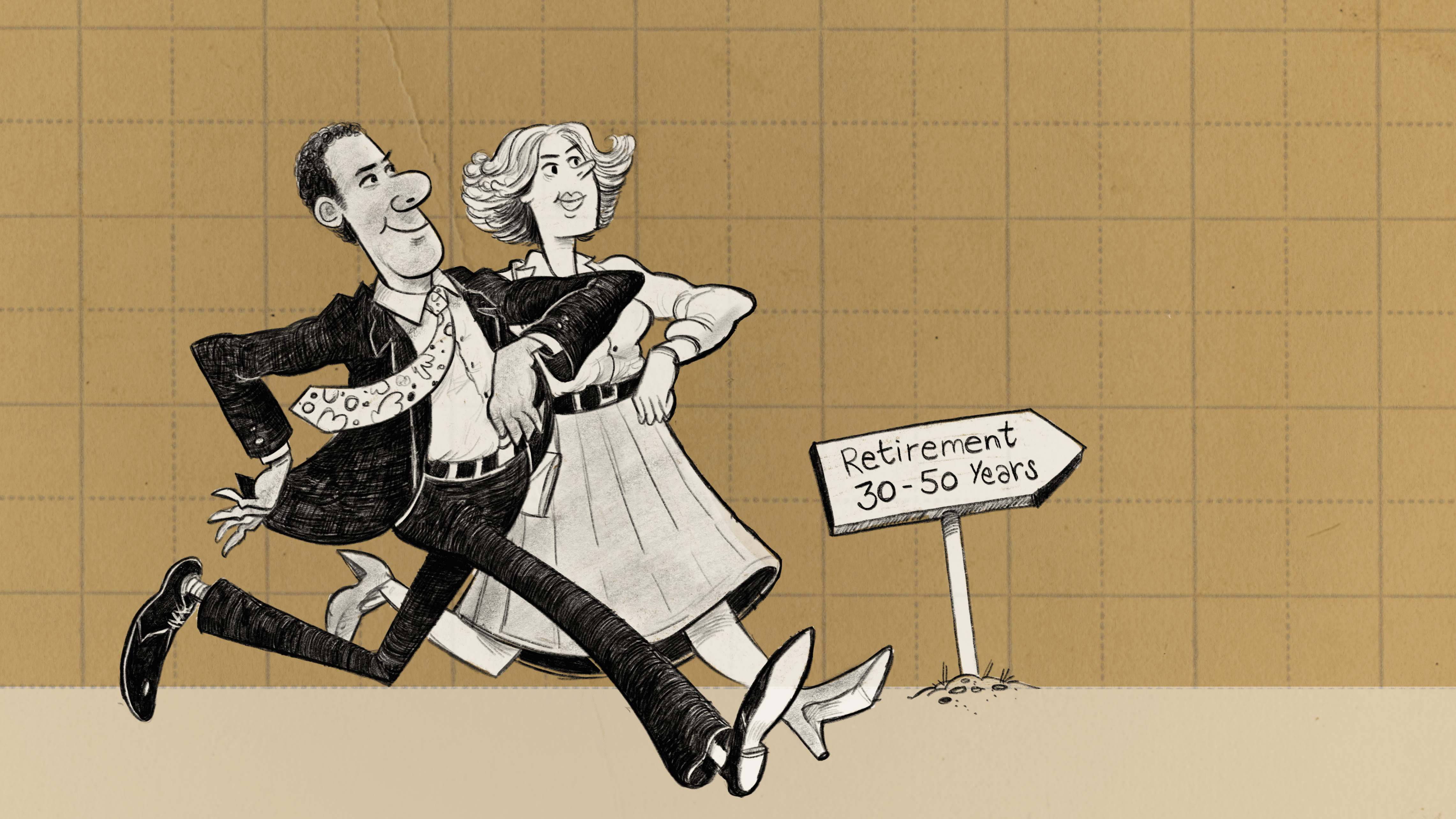 A drawing of a couple walking and a sign pointing towards retirement