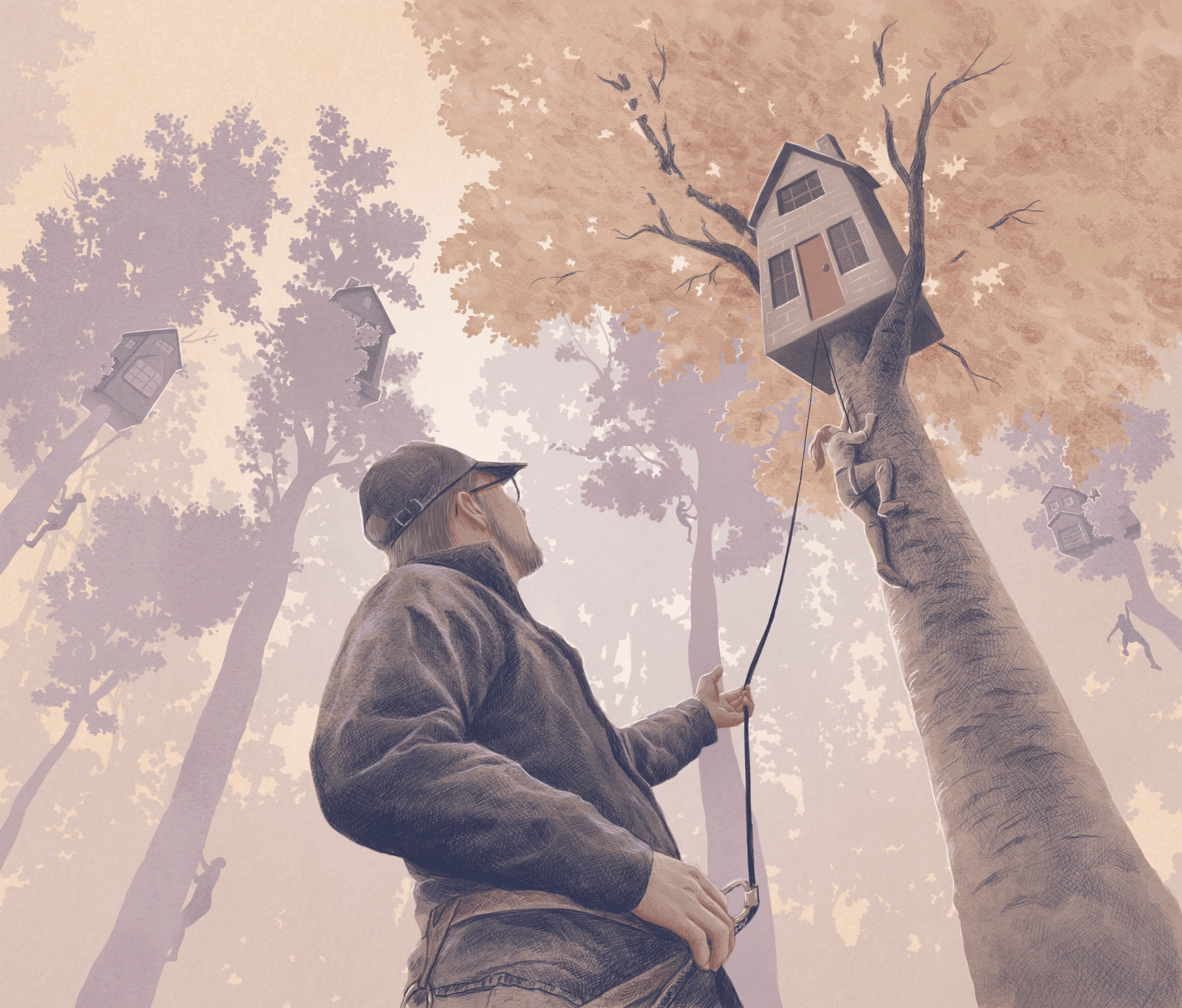 illustration of man by the tree house