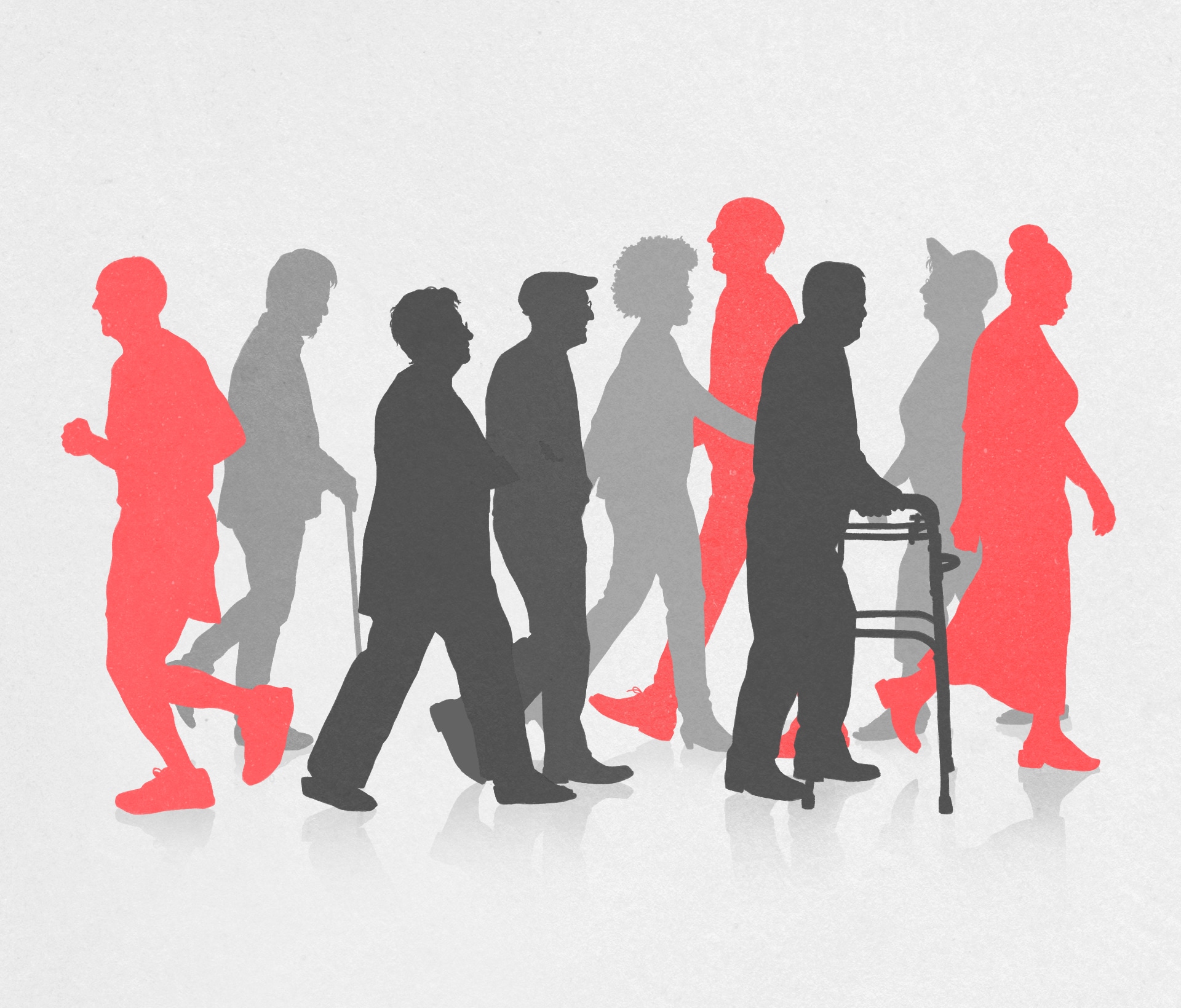An image of silhouettes of elderly people with a few bright red and other darker grey.