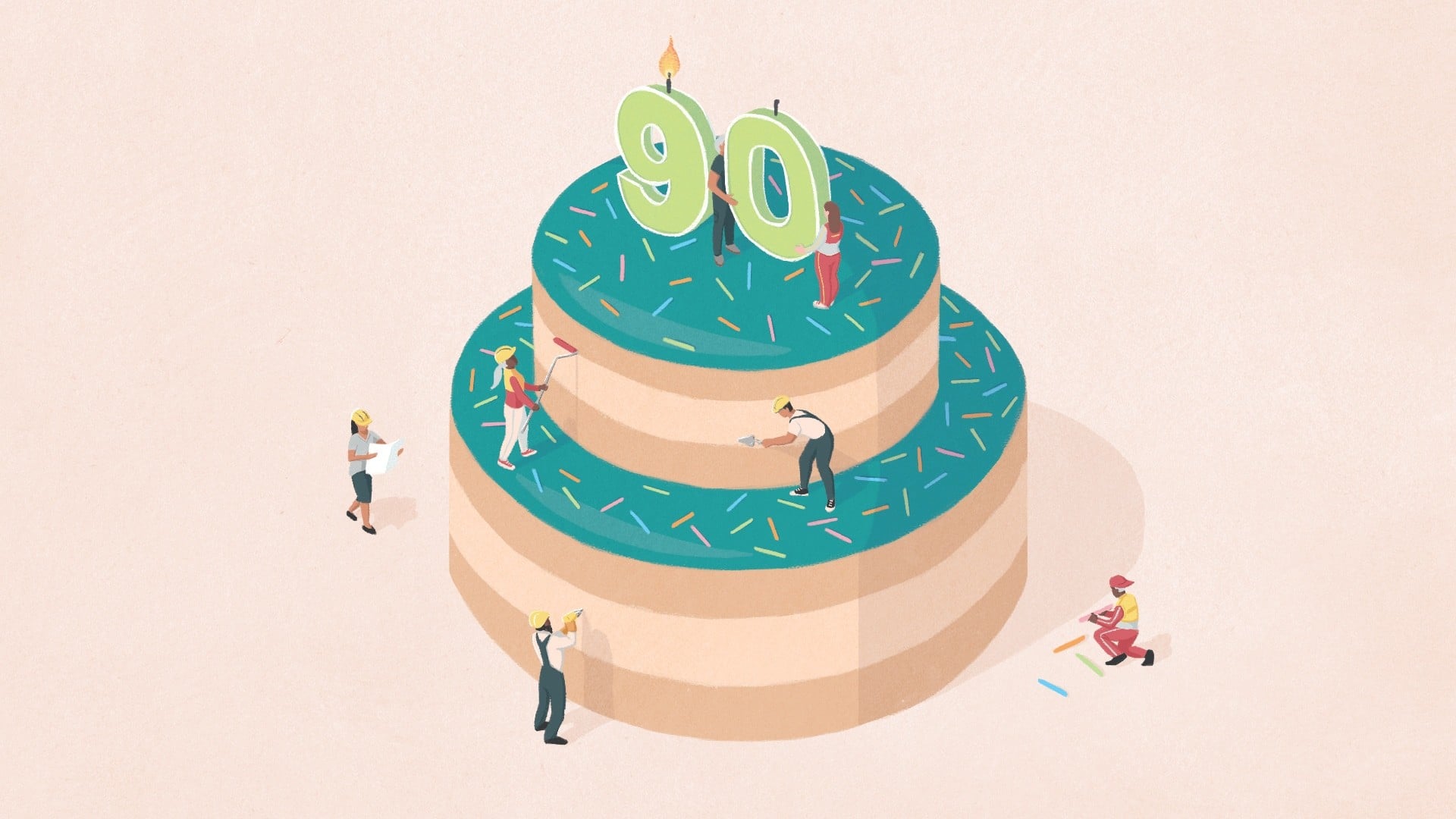 Illustration of 90's birthday cake surrounded by people