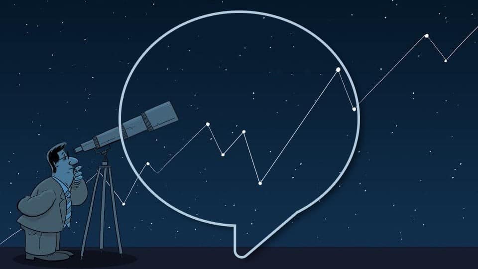 man looking through a telescope with an upward stock chart
