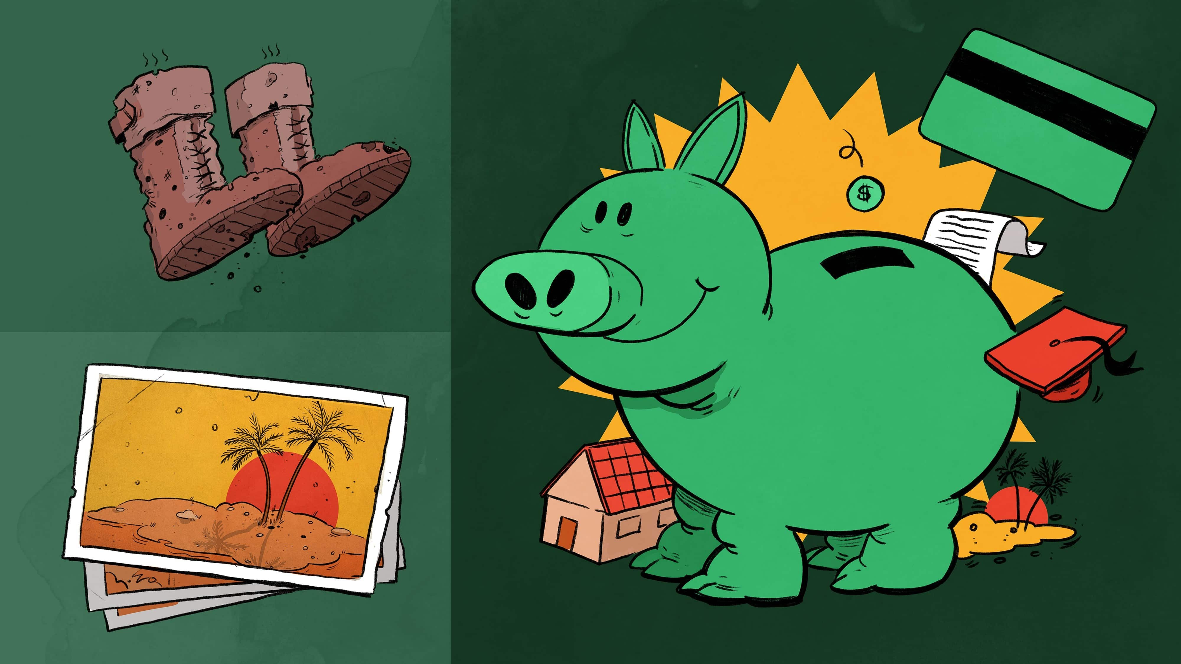 illustrations of new boots, vacation photos, and piggy bank