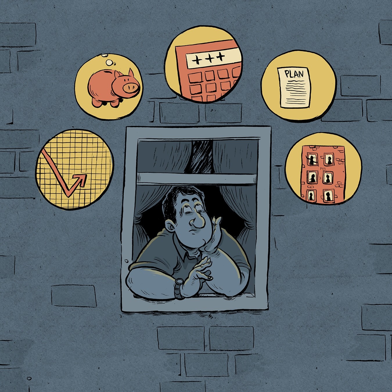 illustration of man looking out the window with different financial concerns