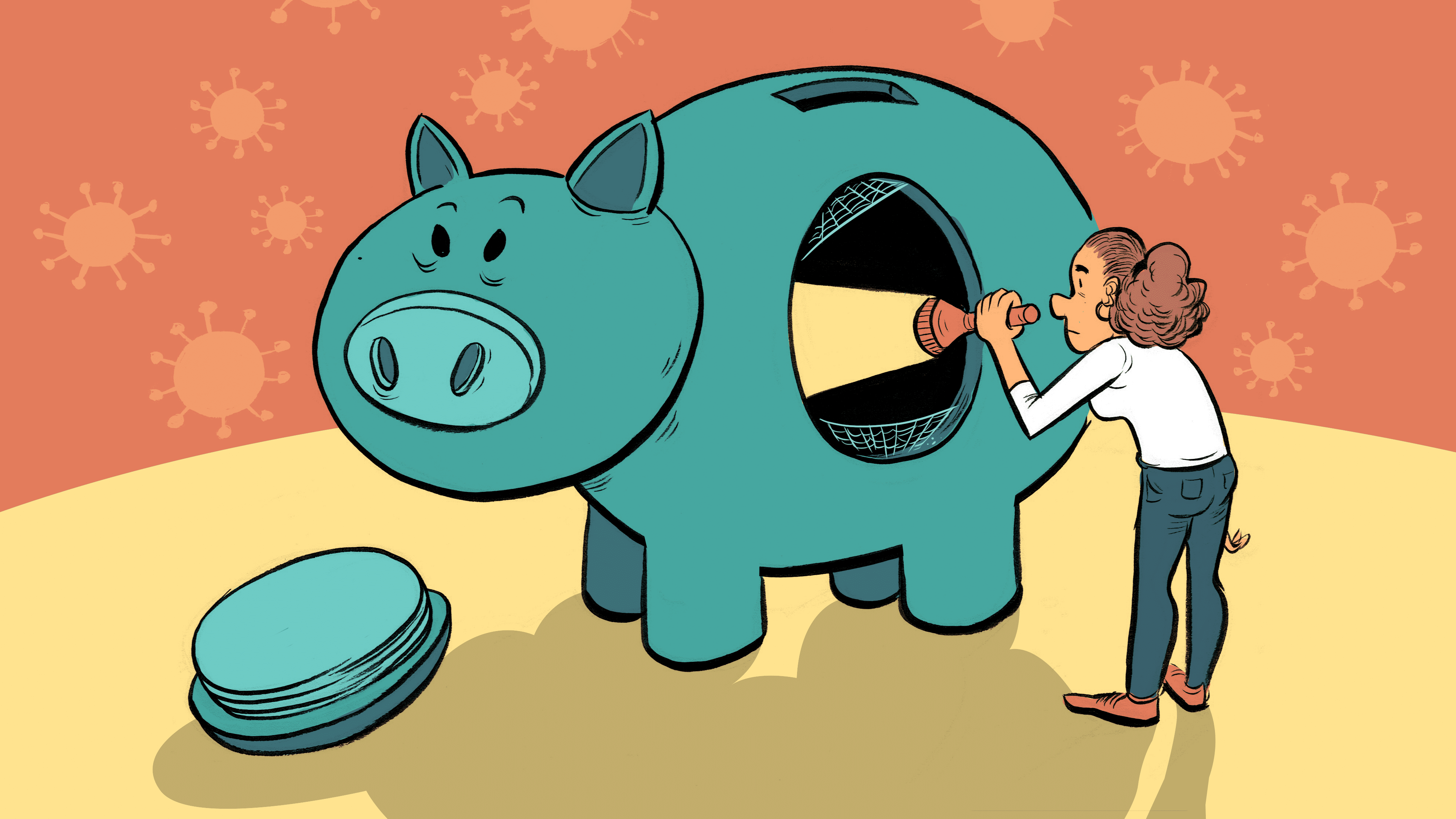 illustration of a person looking into their empty piggy bank