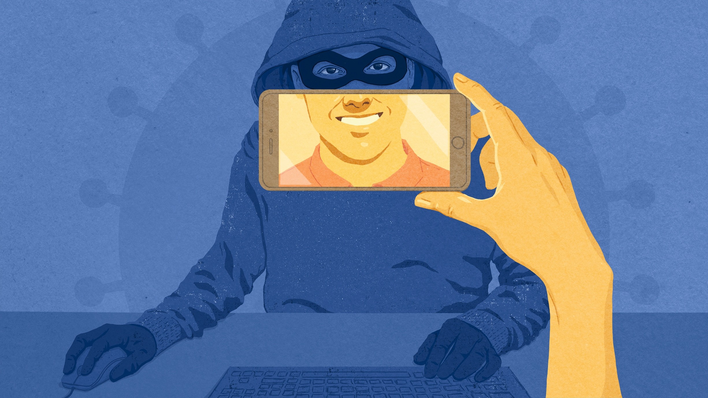 illustration of hooded man with a phone display with a smile placed over his mouth