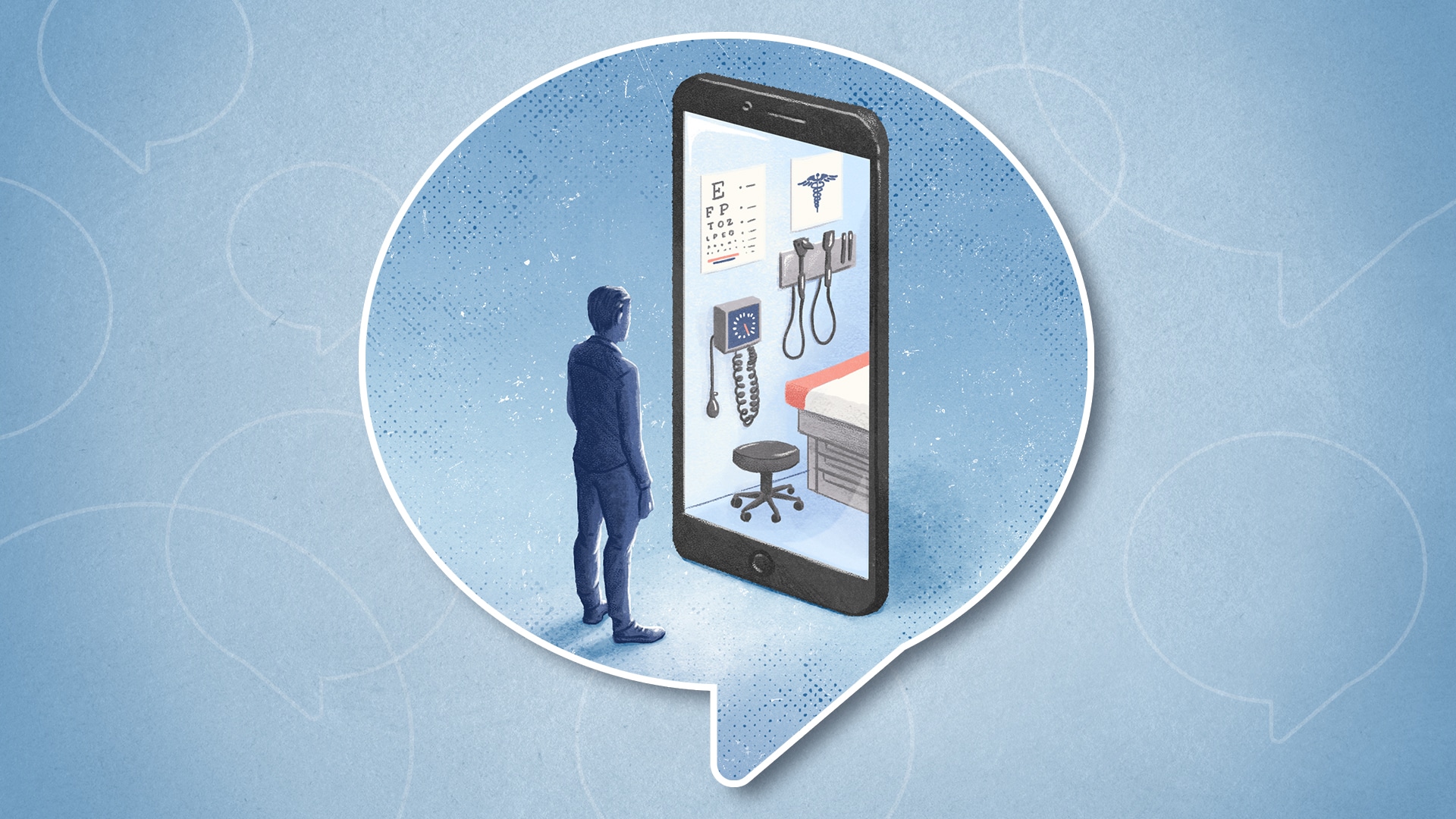illustration of man looking at a health clinic through his phone
