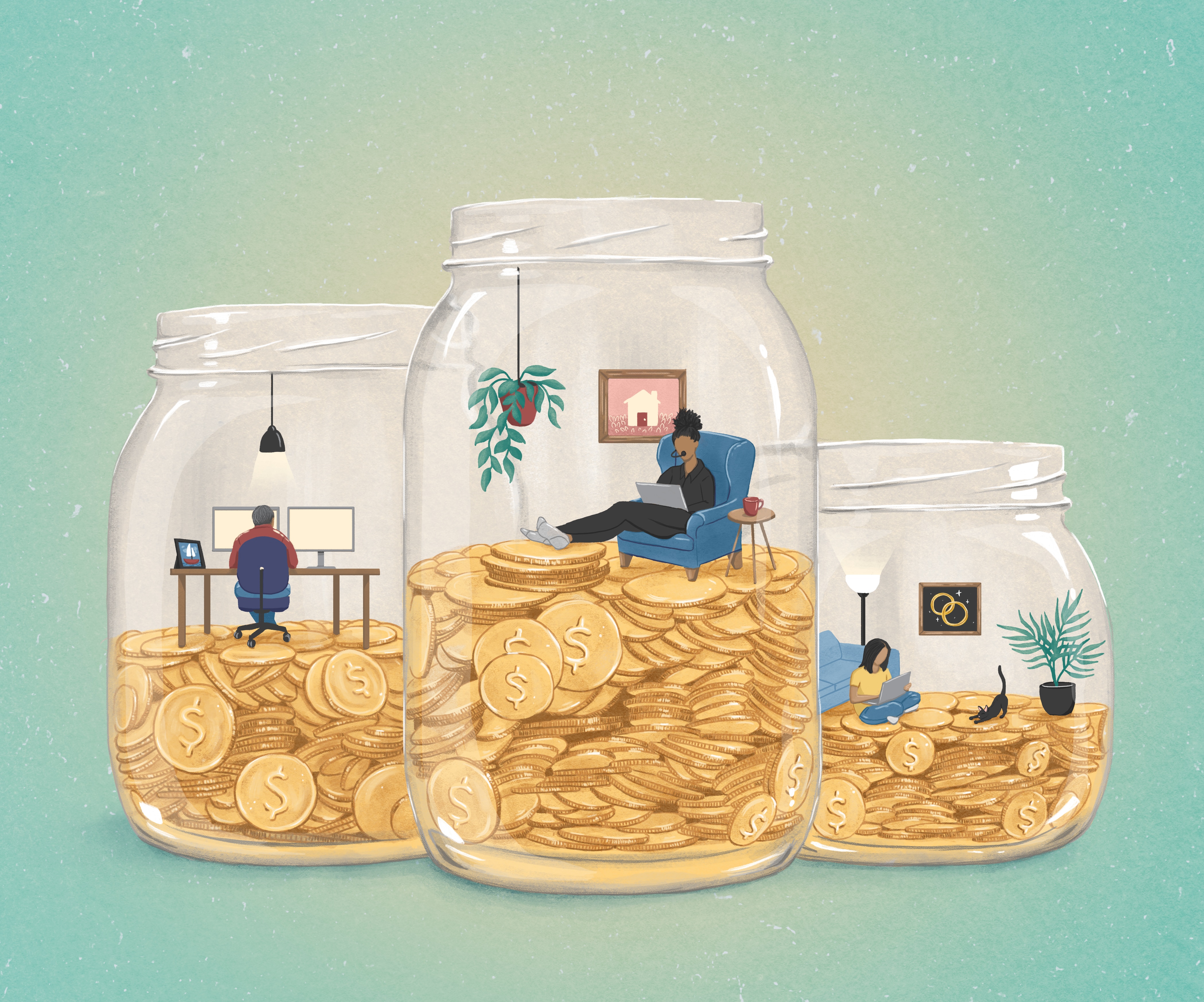 illustration of people working from home on top of a big stack of coins