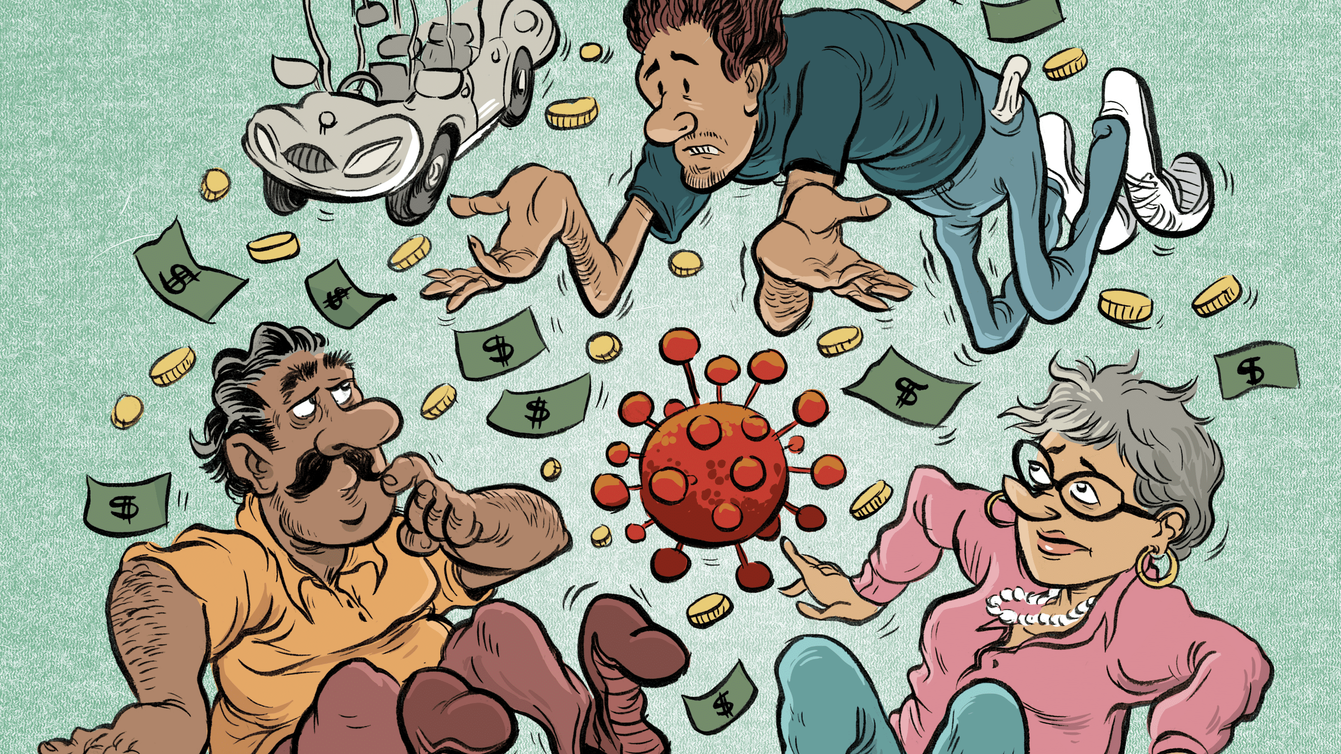illustration of kids and parents with financial imagery