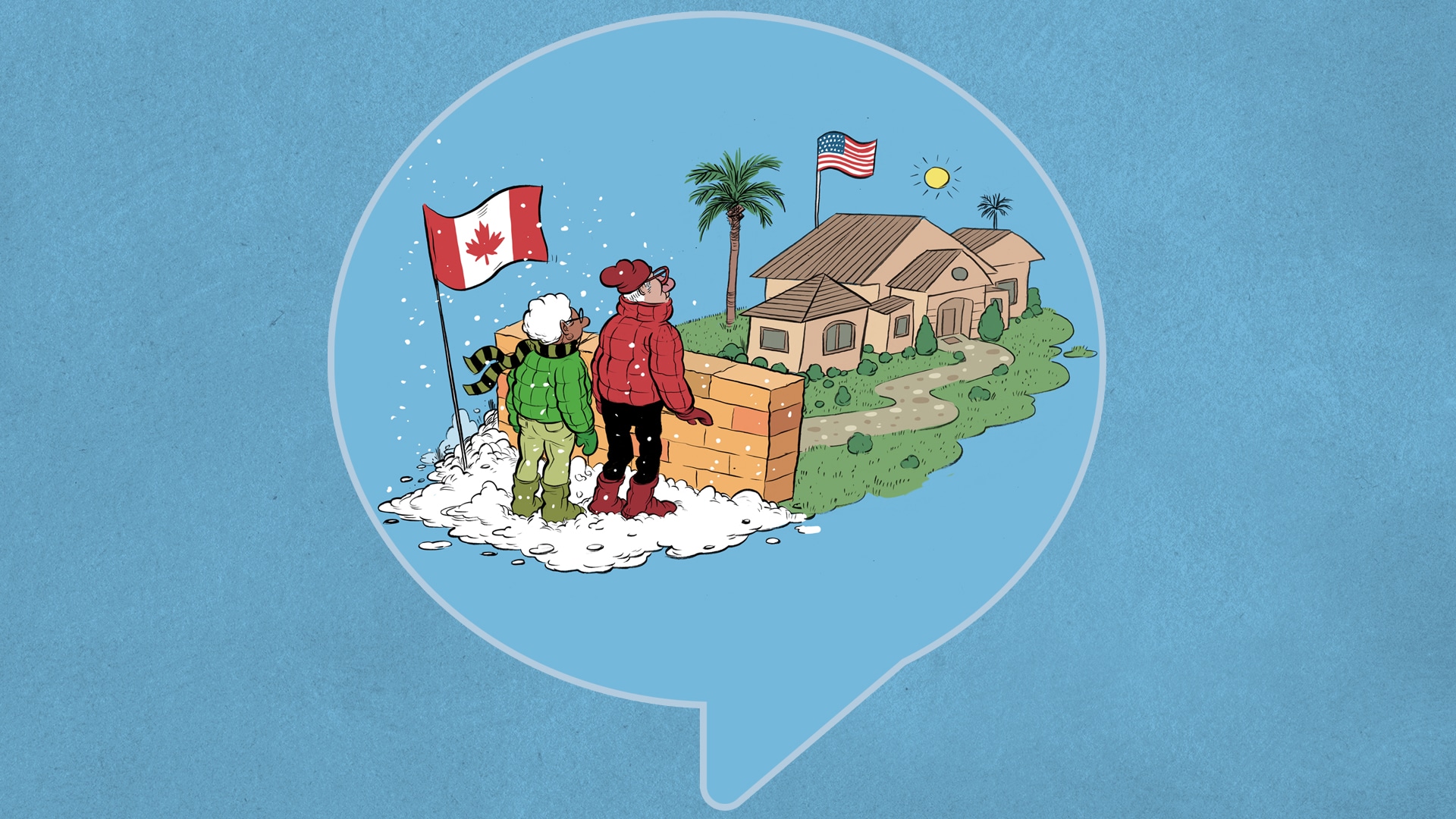 illustration of a canadian couple looking to cross the border to the us