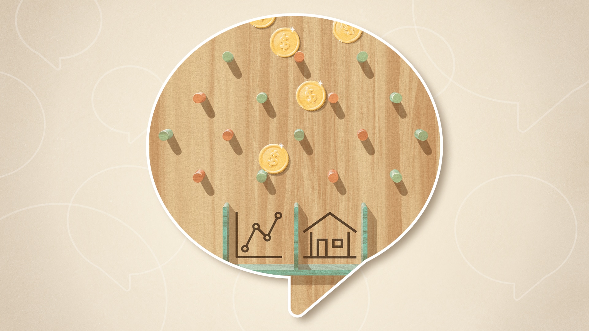 Illustration of a Plinko game, where coins are falling and hitting pegs, and the buckets at the bottom display symbols of a stock market graph and a house.