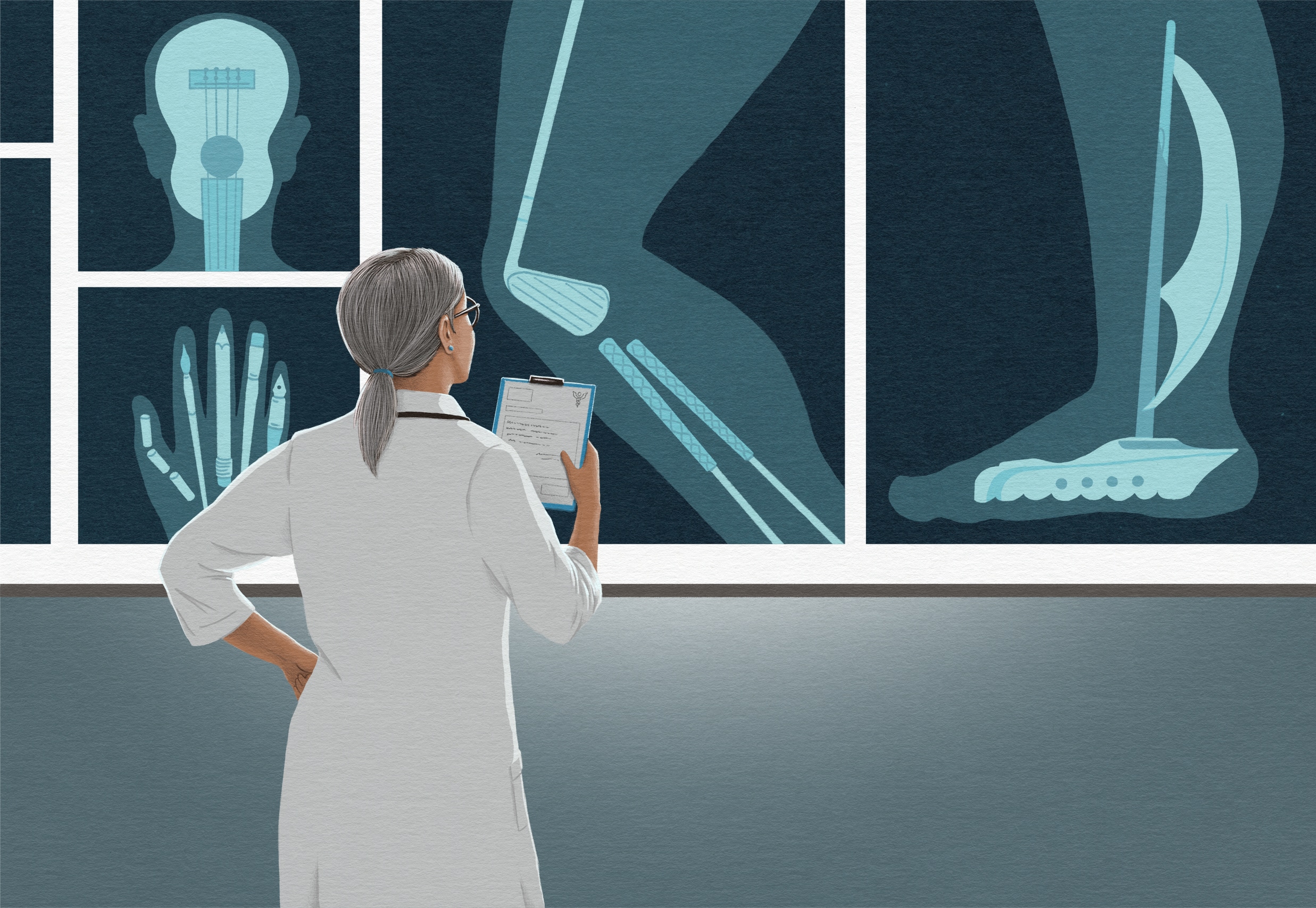 Illustration of a doctor holding a clipboard and examining x rays. But the bones in the x rays look like retirement-related activities.