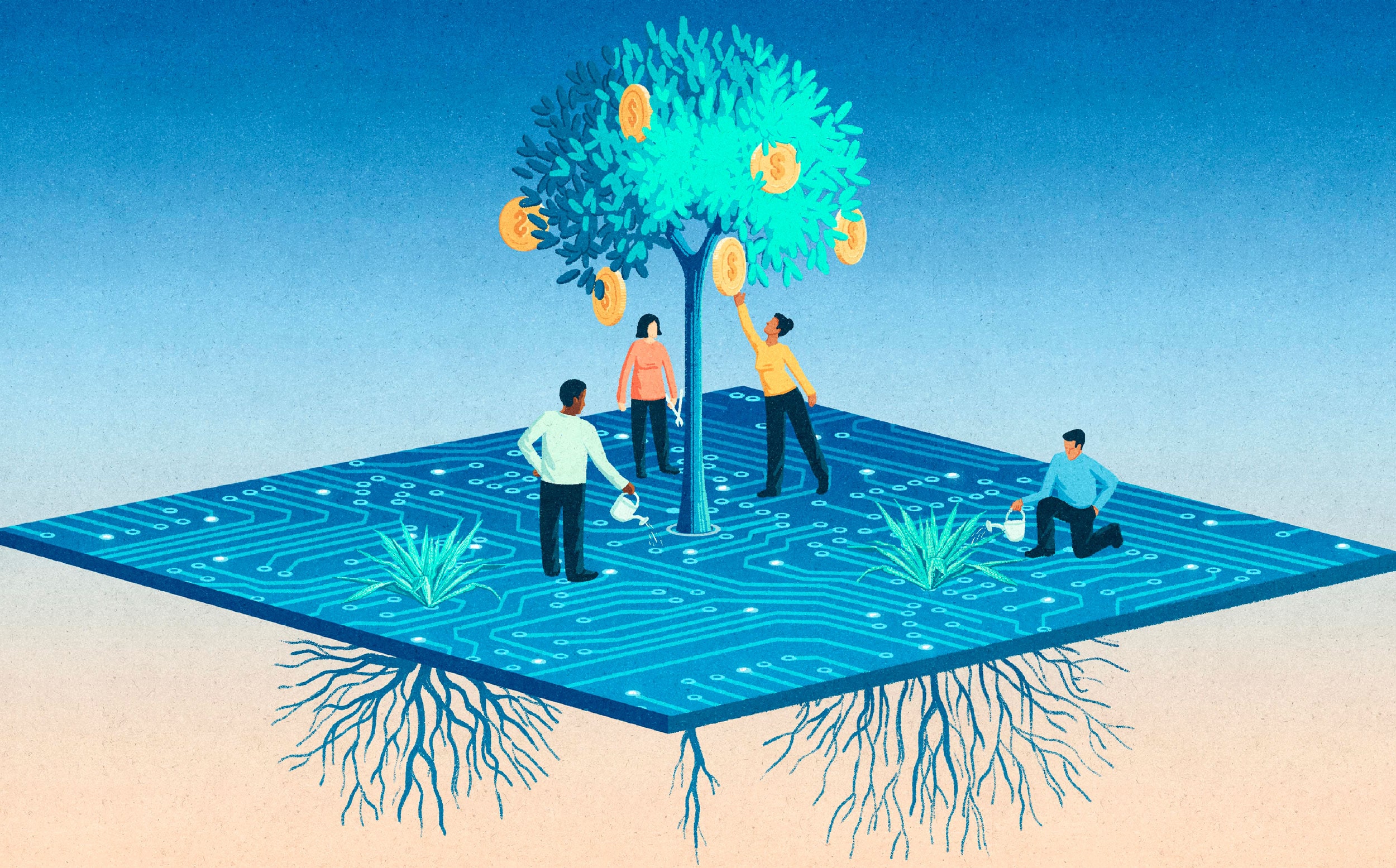 Illustration of people standing on a computer chip. Most of them are standing under a fast-growing money tree with poor roots, while one person waters a slow-growing plant with a strong root system.