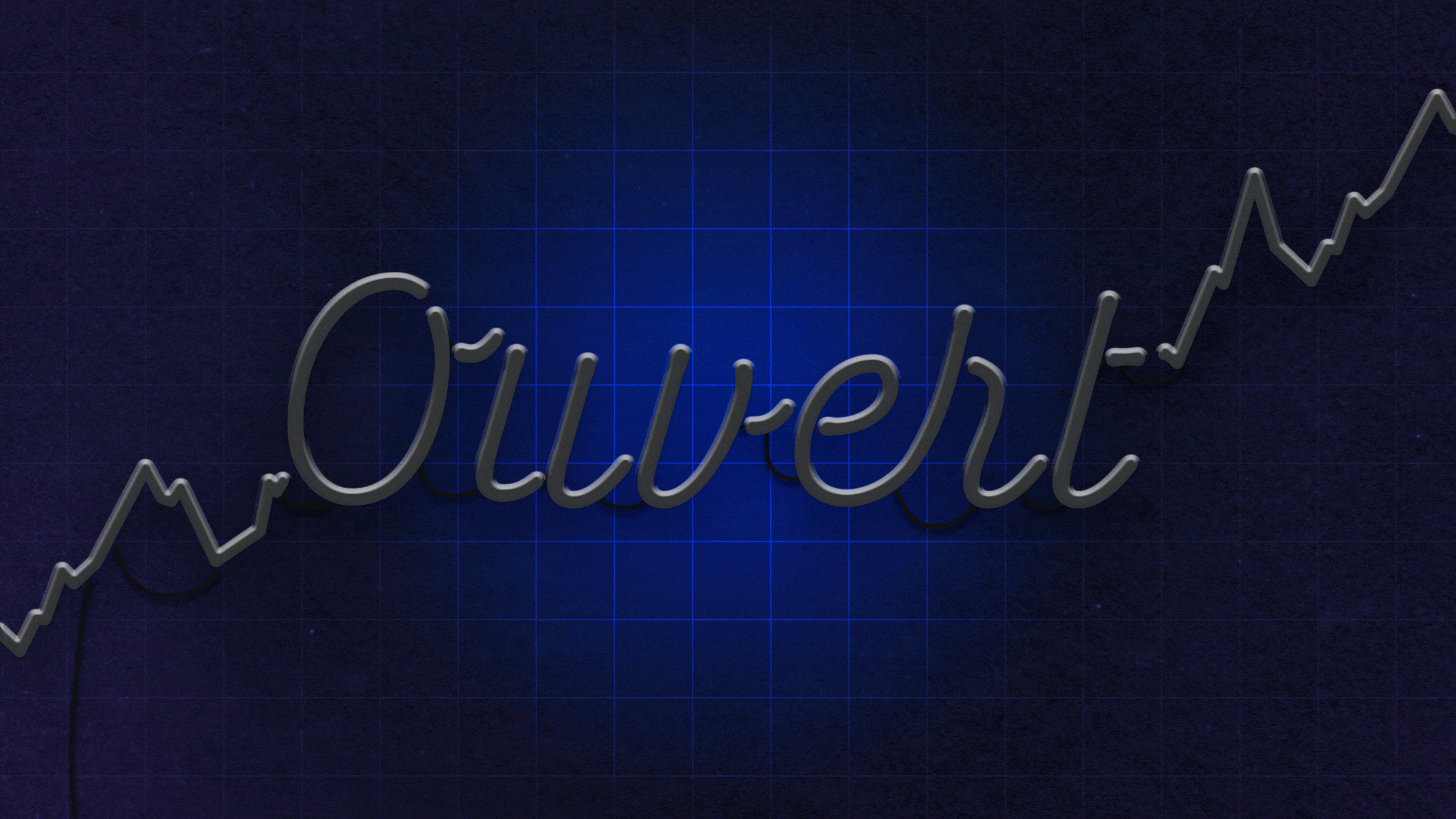 Illustration of a neon sign depicting a stock market chart and the word "Ouvert" that is animated to turn on.