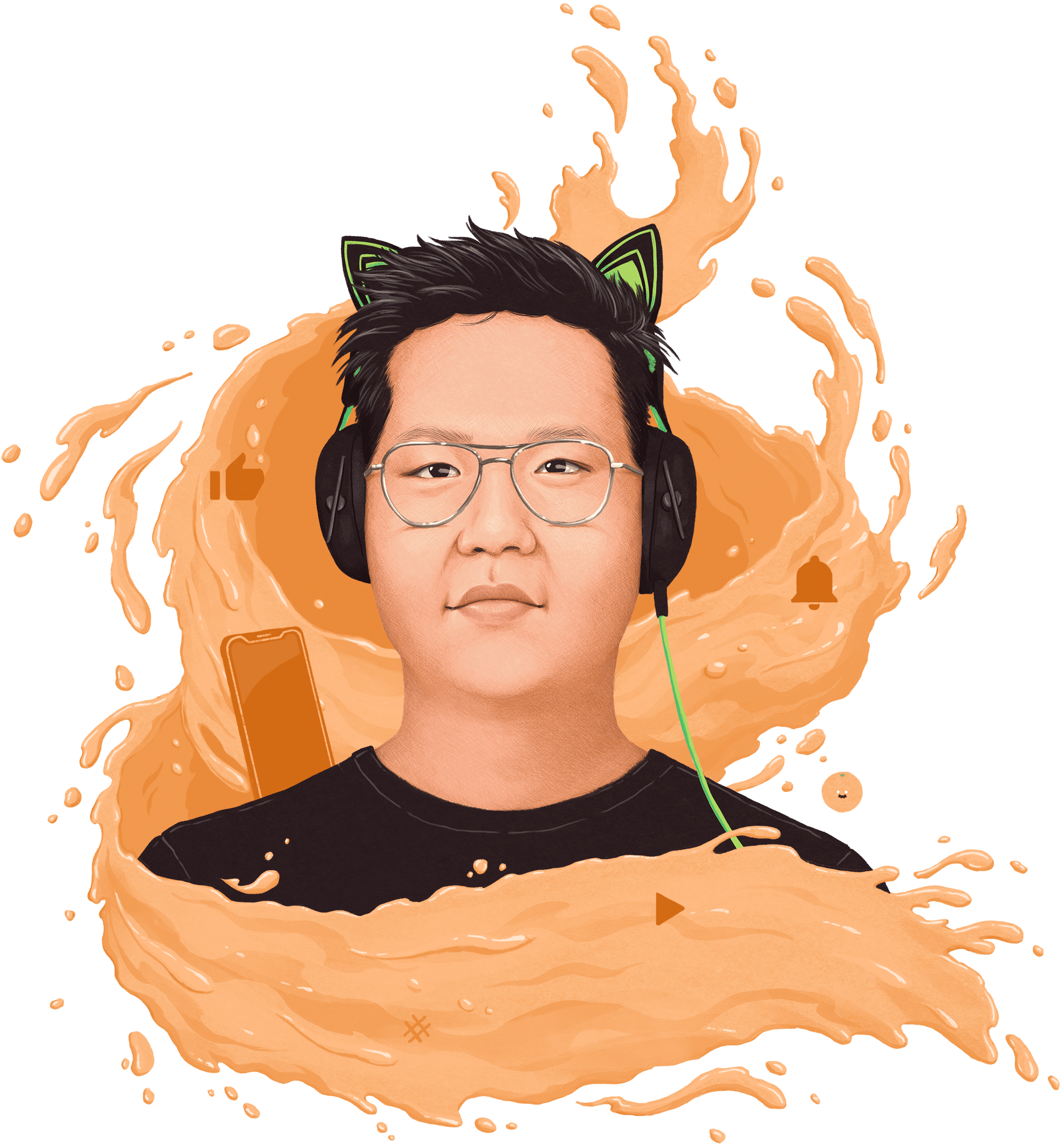 Illustration of YouTuber Jimmy Chau wearing his iconic cat-ear headset and surrounded by a swirl of orange juice.