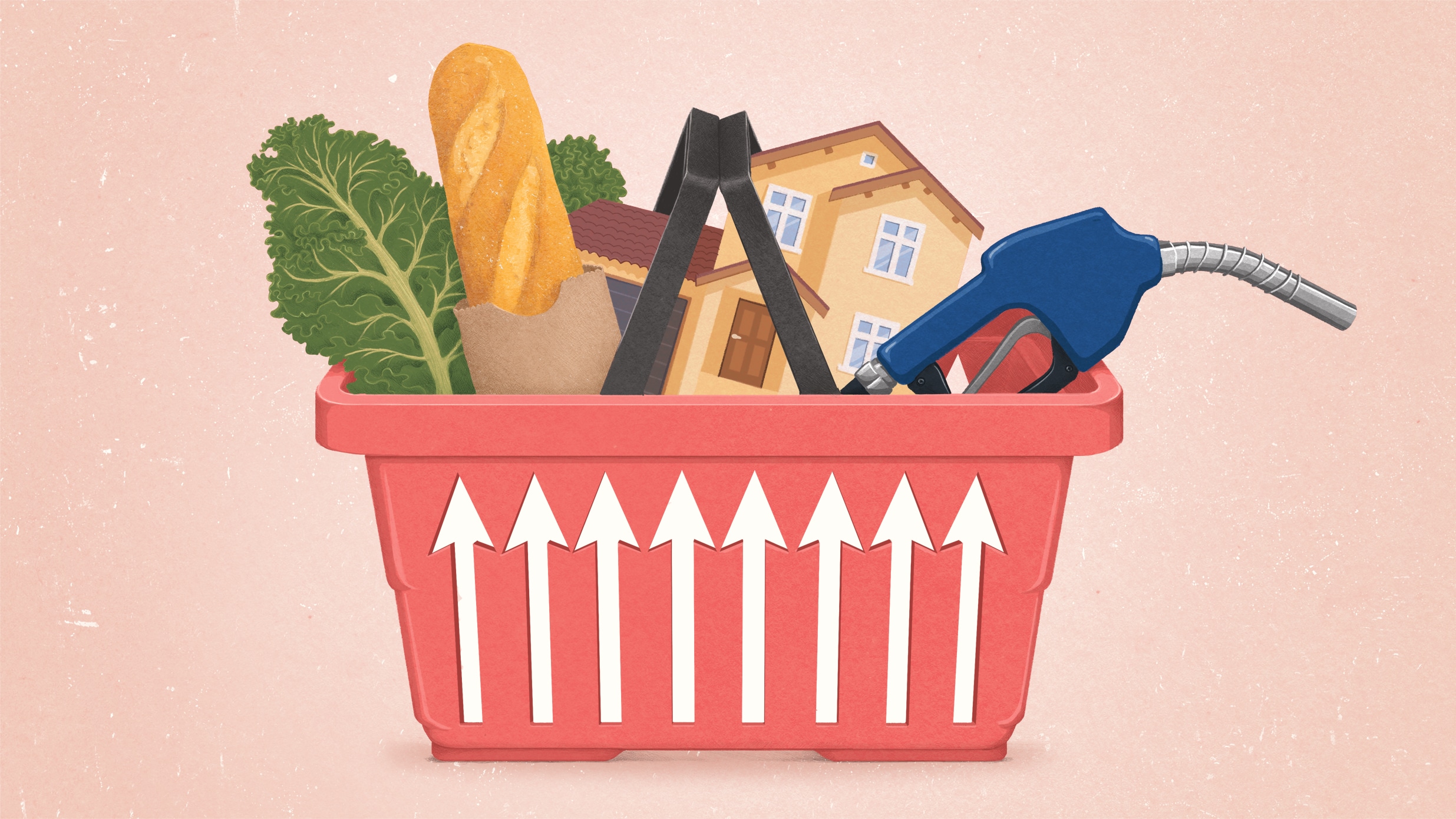 Illustration of a shopping basket filled with bread, kale, a gas pump nozzle, and a house. The grating on the sides of the basket are shaped like up arrows.
