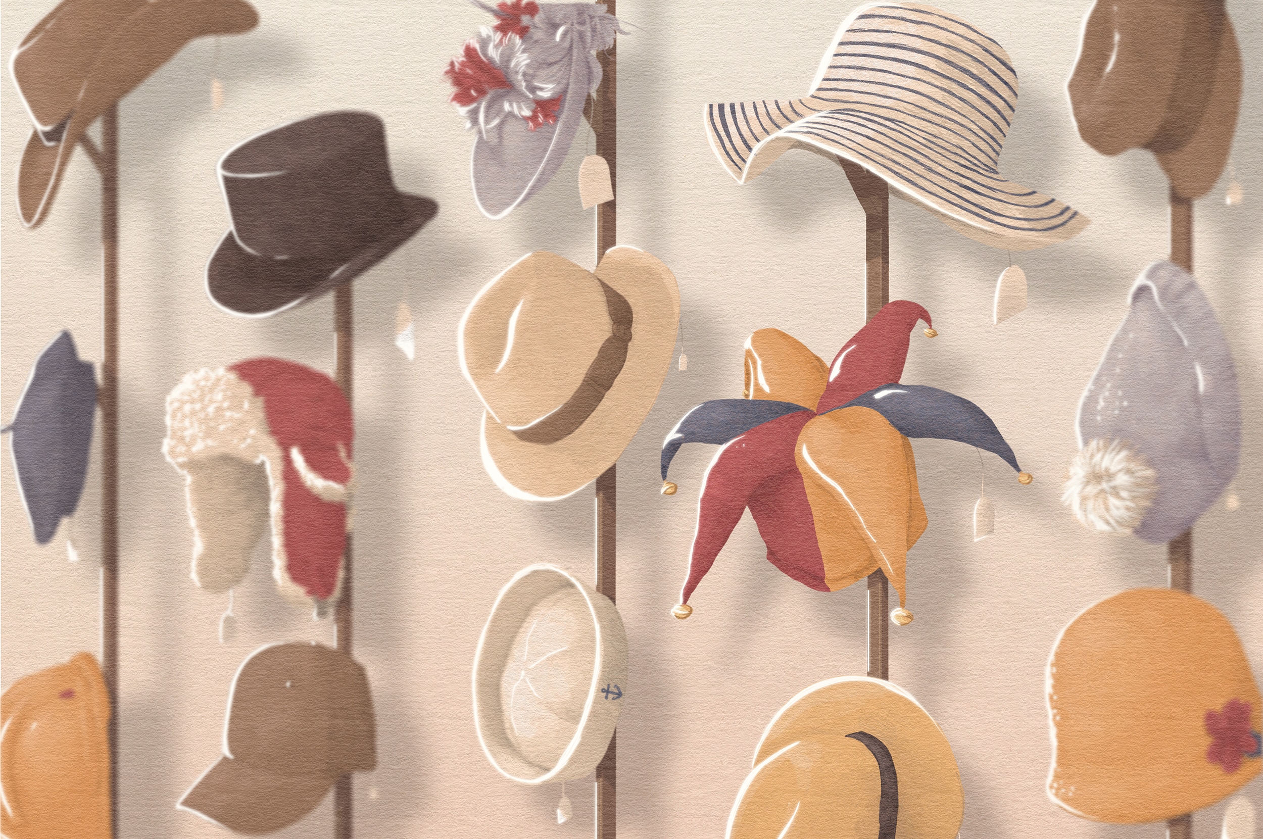 Illustration of various styles of hats, with different sizes of prices tags hanging from them.