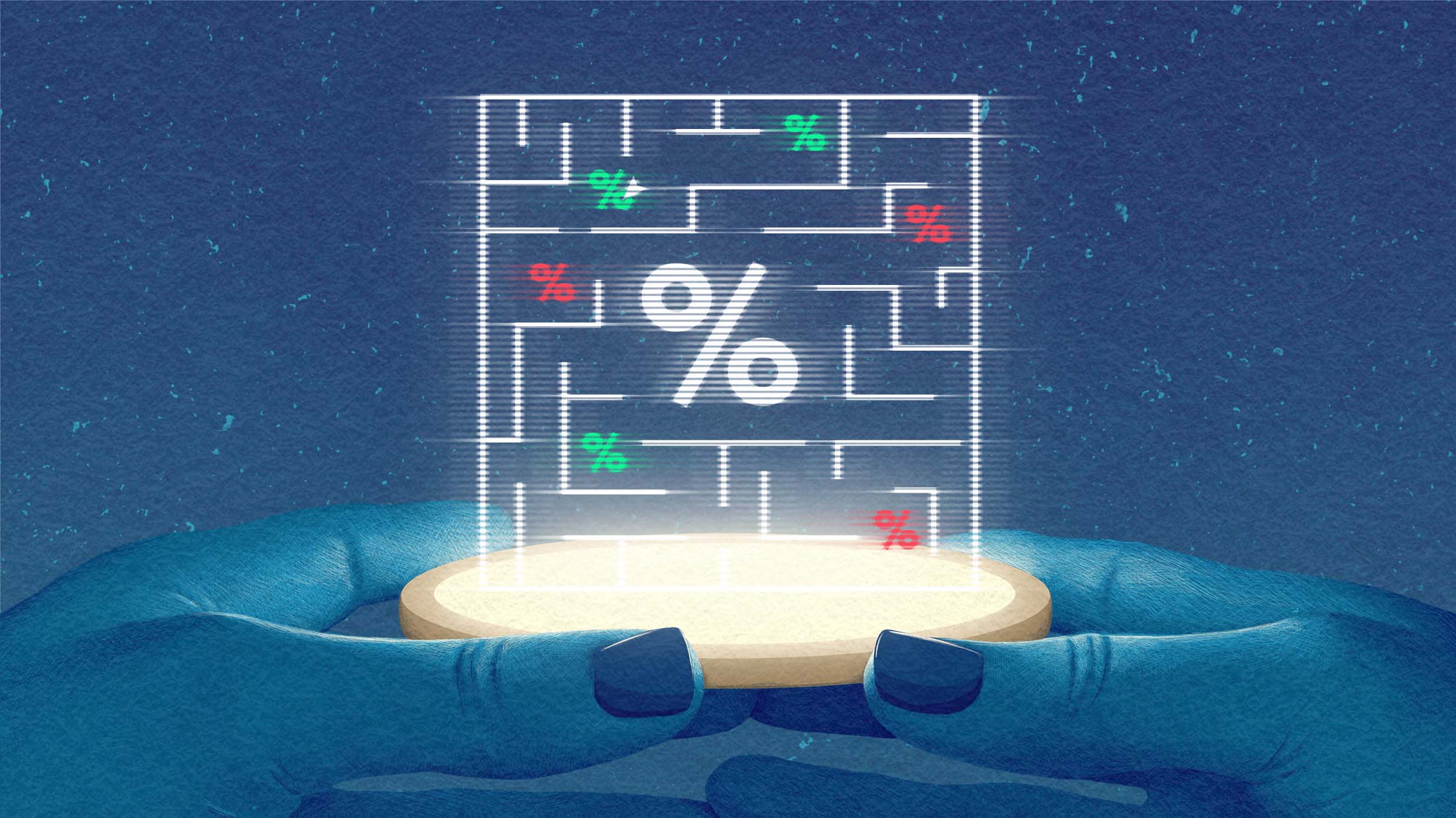 Illustration of a person holding a futuristic hologram. The game features a maze filled with green and red percent signs.