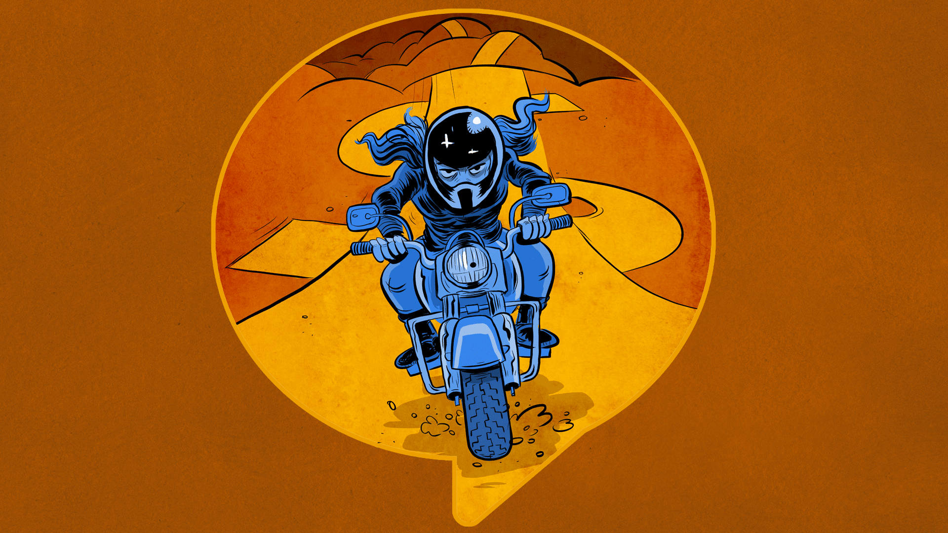 A woman on a motorcycle riding on a road shaped like a dollar sign.
