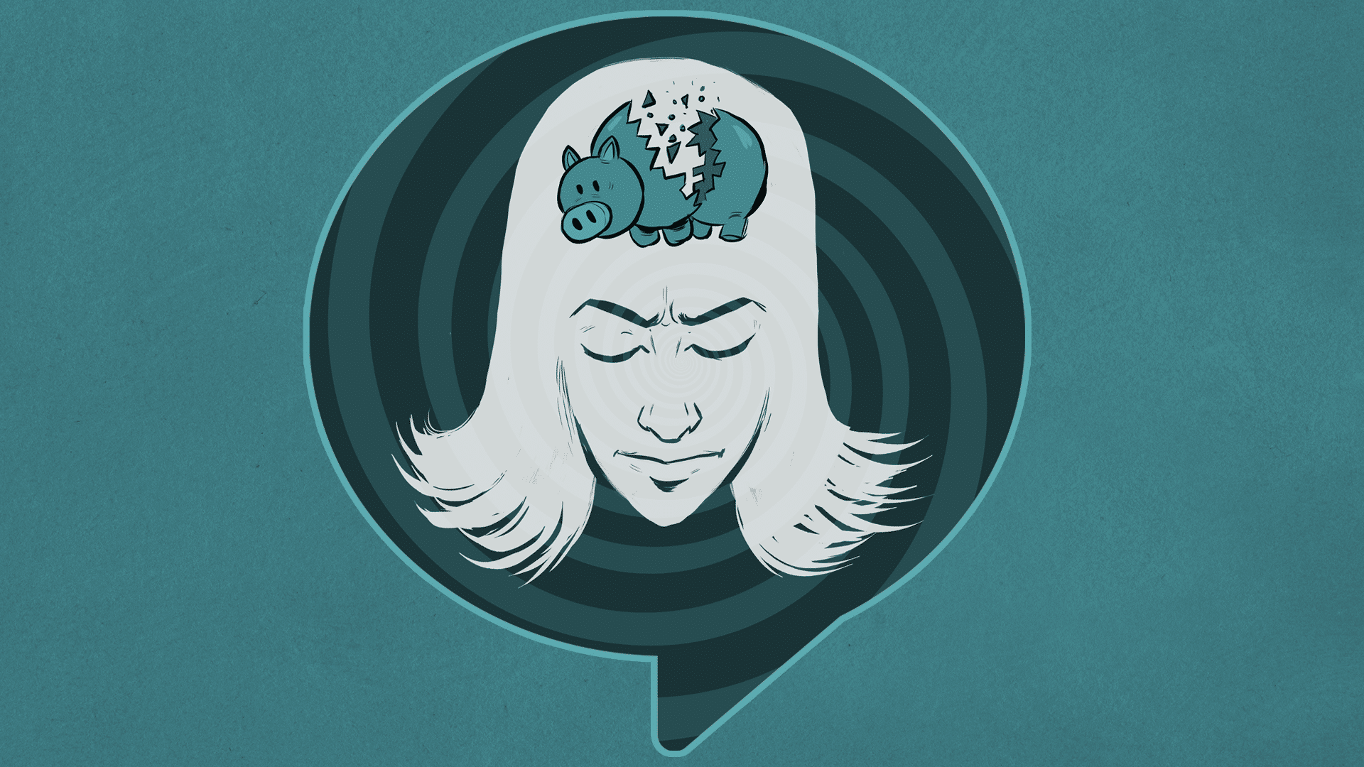 Headshot of a lady who has a piggy bank broken representing her mind