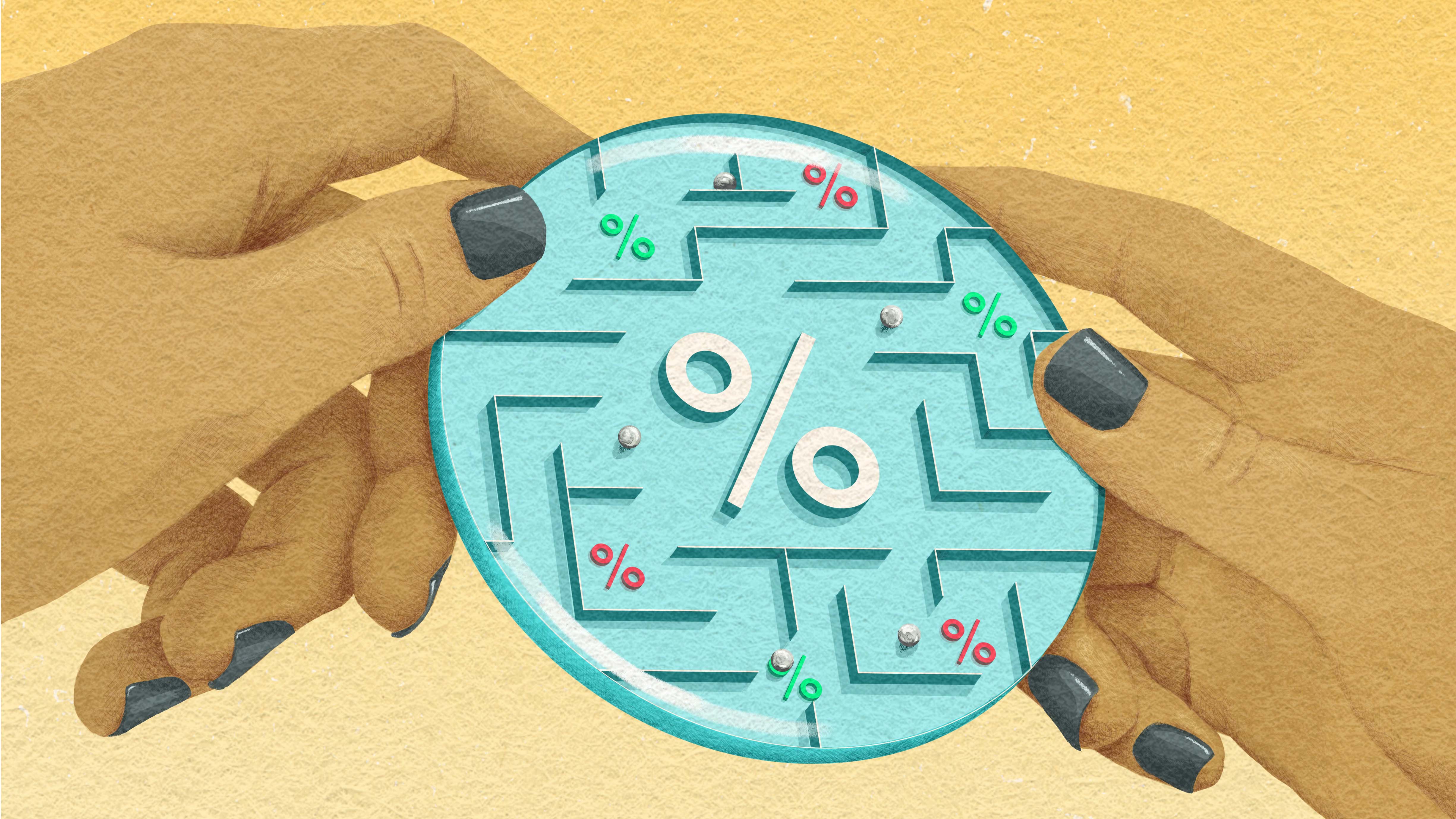 Illustration of a person playing a tax-themed handheld marble maze game.