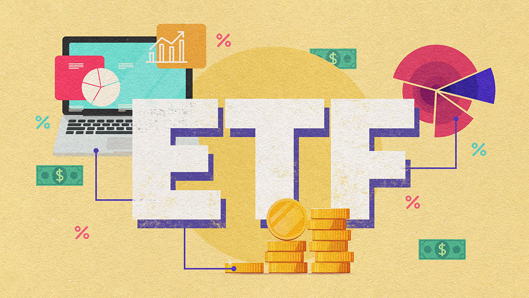 Letters ETF with money, charts and laptop