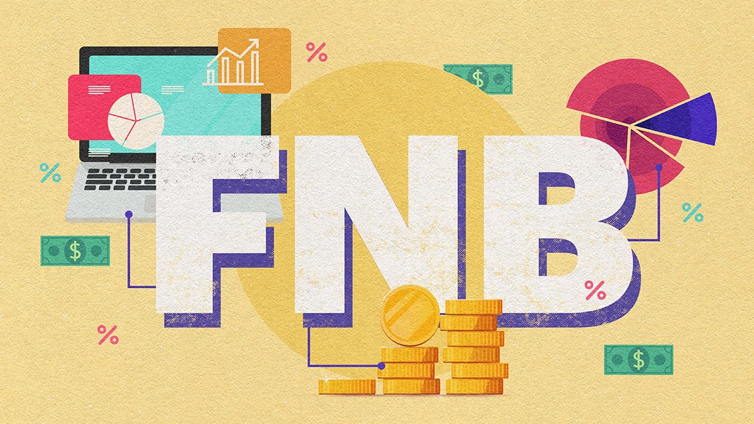 Letters FNB with money, charts and laptop
