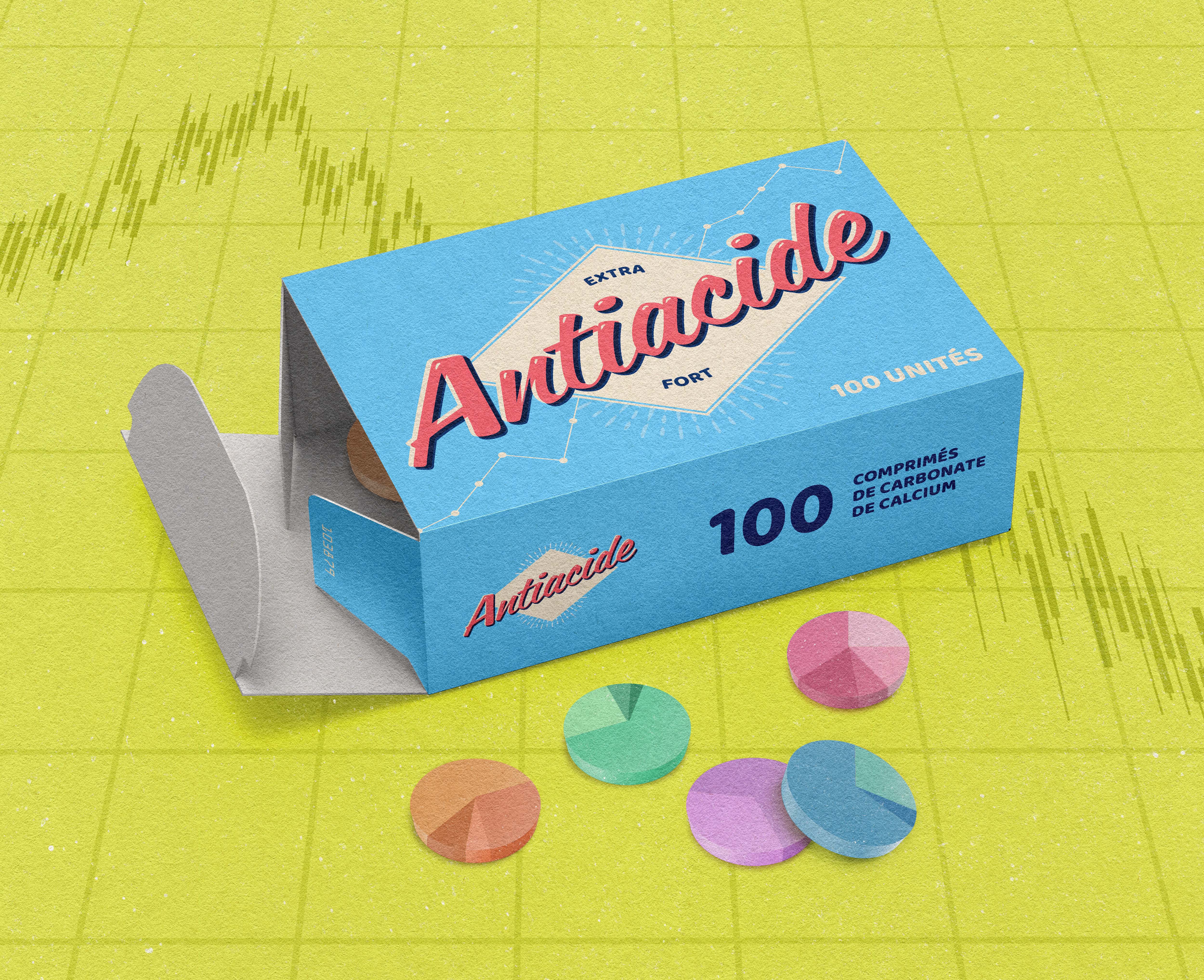 Illustration of a box of antacids, surrounded by pills that look like pie charts, on a stock market background.
