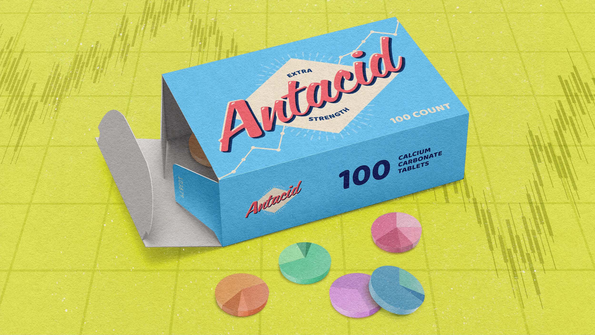 Illustration of a box of antacids, surrounded by pills that look like pie charts, on a stock market background.