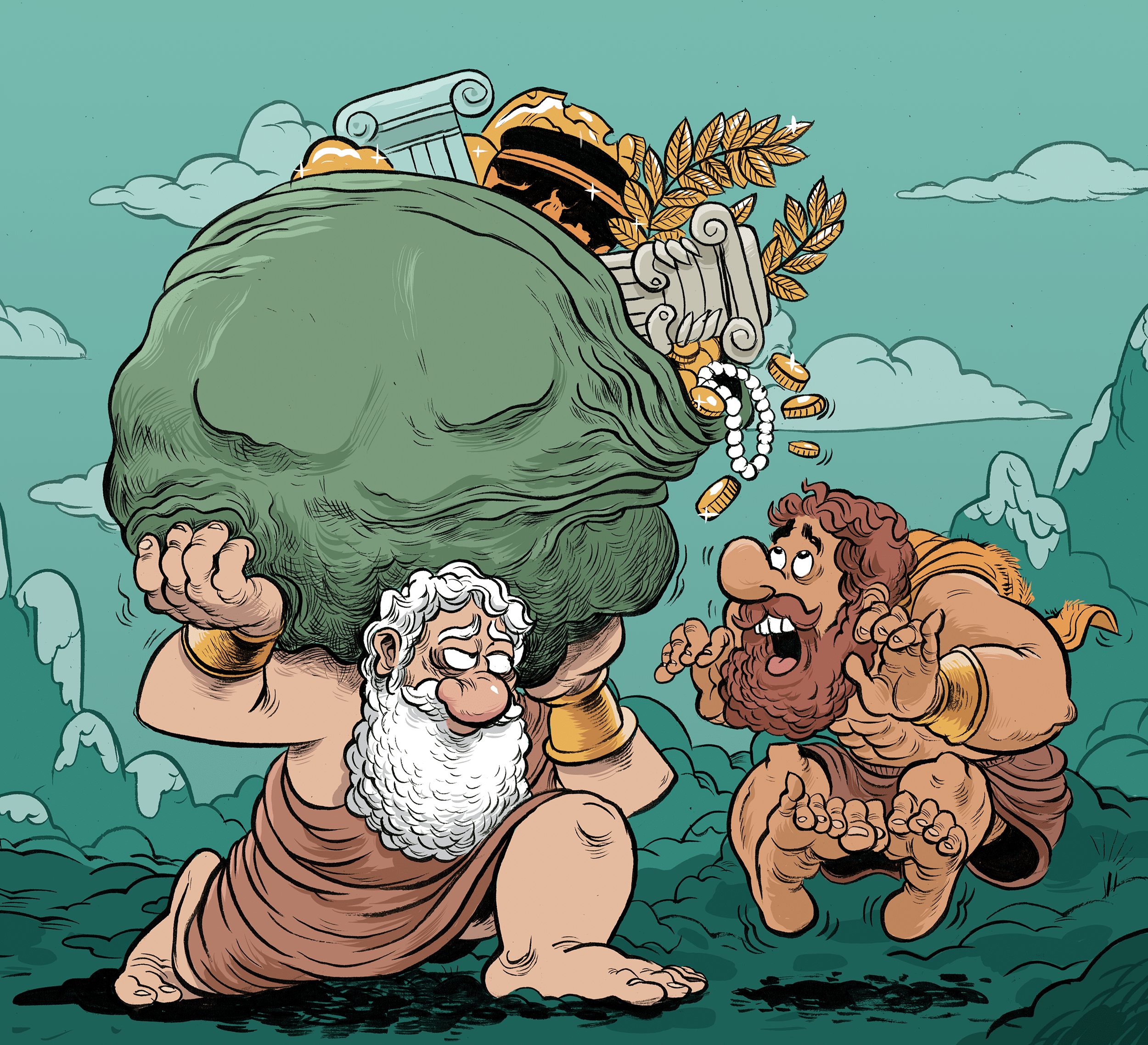 Greek Mythology analogy, Atlas carrying a sack of wealth, and hercules is distraught looking at it, thinking of all the possible tax he might have to pay if he inherits it.