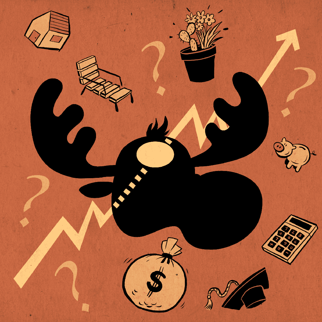 A silhoette of a Canadian Moose with a question mark in his head, surrounding my investing icons