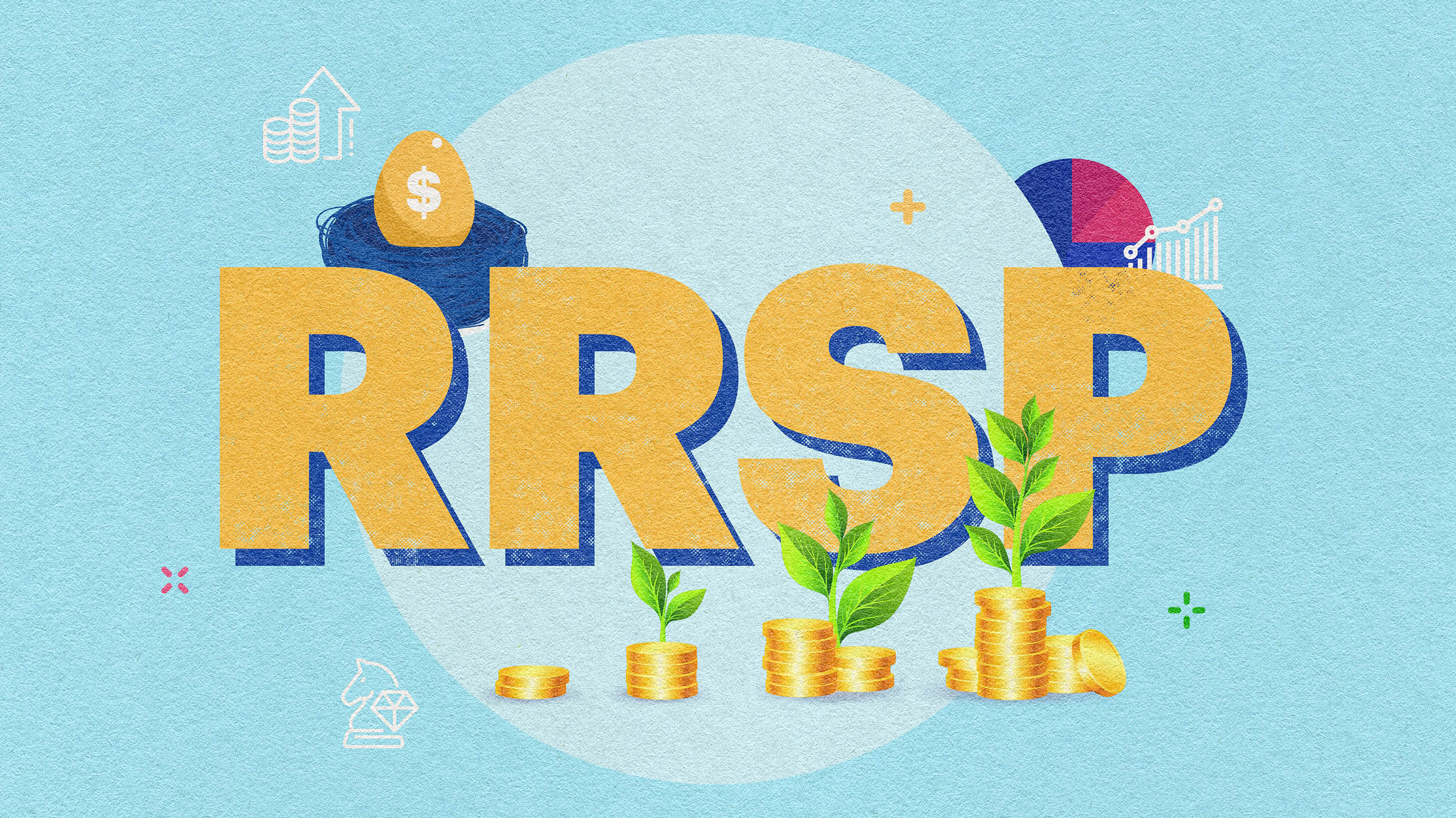 Illustration featuring large letters that read "RRSP" surrounded by pie charts, coin stacks, and a nest with a golden egg.