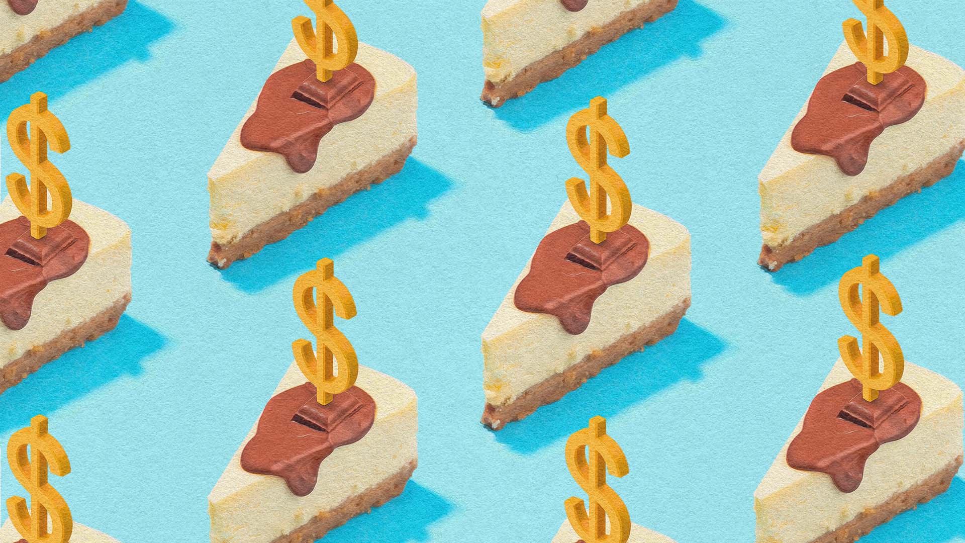 Illustration of chocolate cheesecake slices with dollar-sign cake toppers arranged in a grid pattern on a blue background.