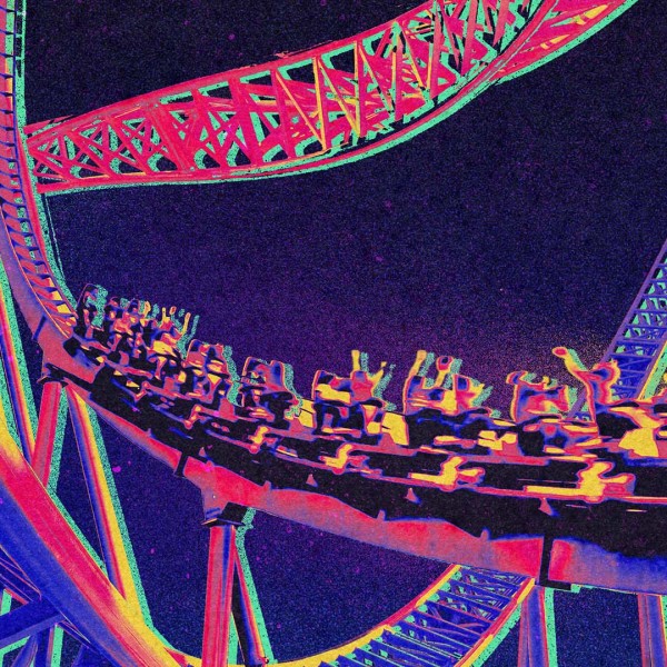 Illustration featuring a twisting roller coaster ride in neon colours
