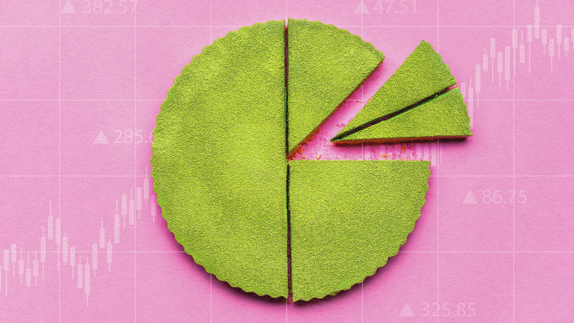 Illustration of a matcha cheesecake, sliced into smaller and smaller pieces. Stock market charts appear in the background.
