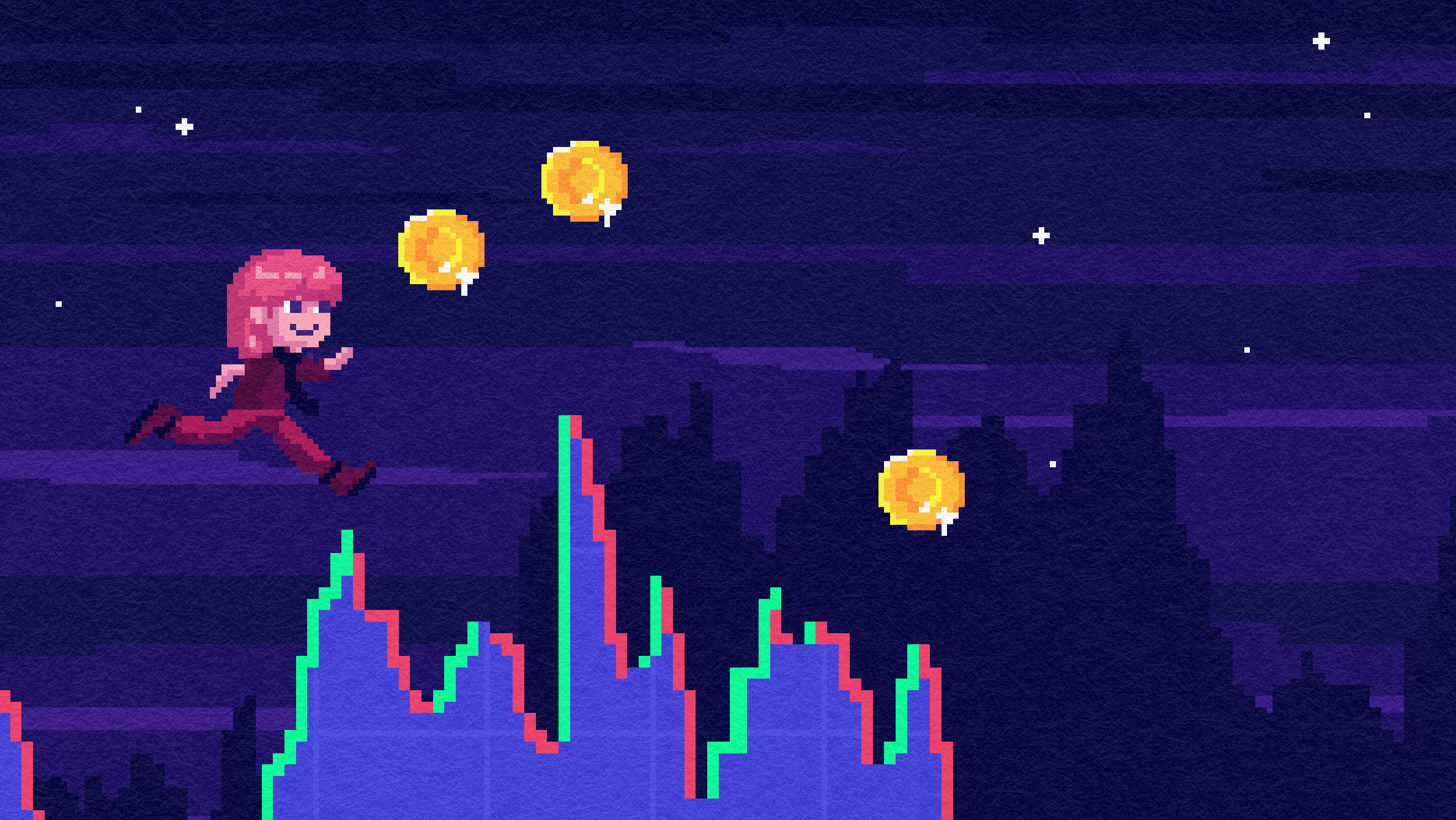 Pixel art illustration of a pink-haired character jumping over a stock market chart to collect coins