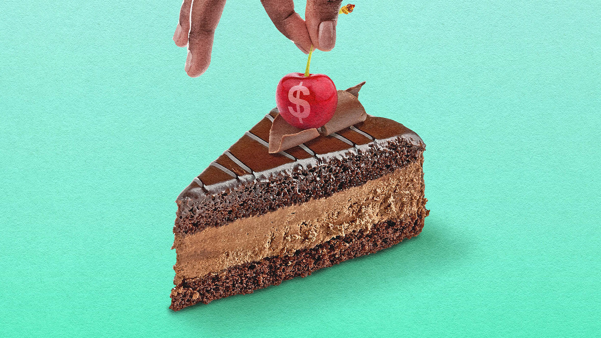Illustration of a person placing a cherry on top of a chocolate cake. The cherry has a dollar sign on it.