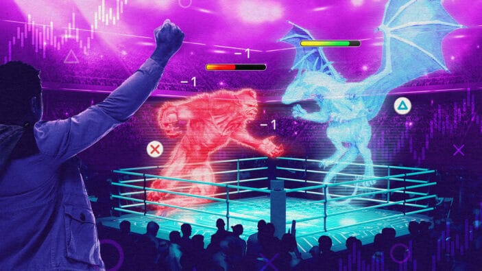Illustration of a holographic werewolf in a boxing ring with a holographic dragon, surrounded by a cheering crowd.