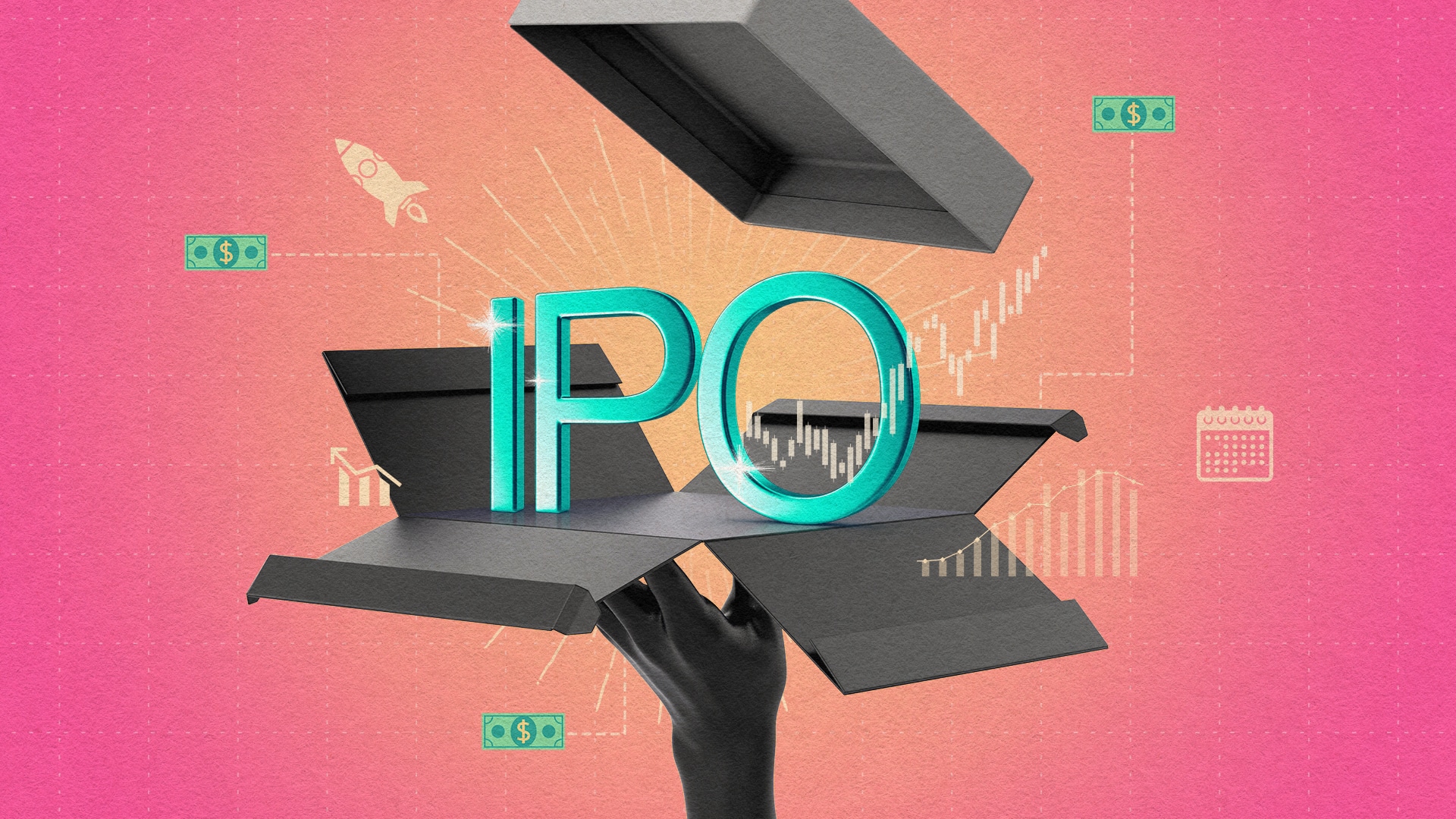Illustration of the letters "IPO" along with financial imagery colourfully exploding out of a box.