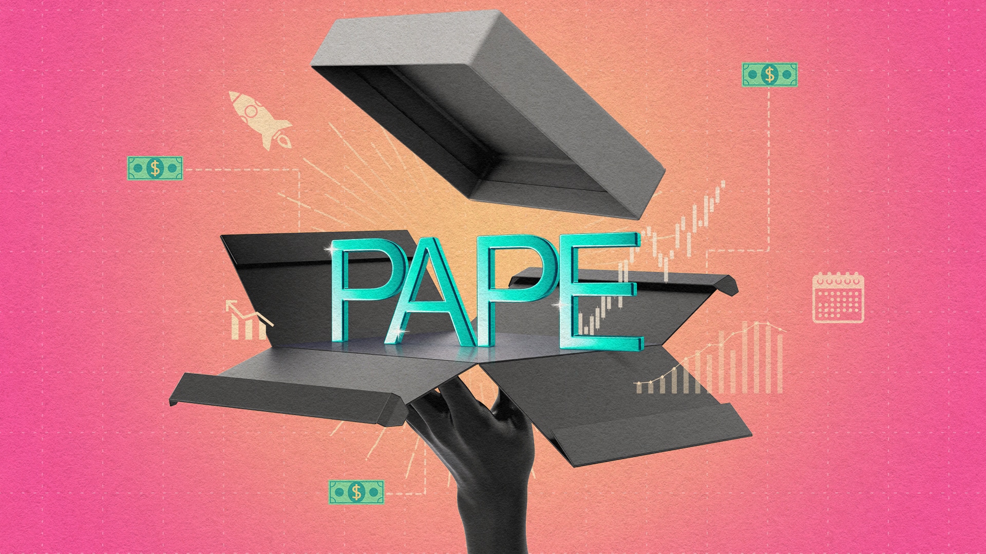 Illustration of the letters "PAPE" along with financial imagery colourfully exploding out of a box.