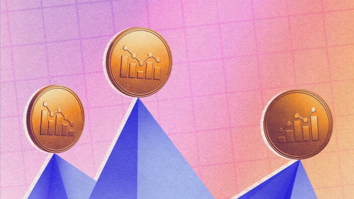 Illustration of copper coins engraved with stock market charts balanced precariously on the peaks of a 3D stock market chart.