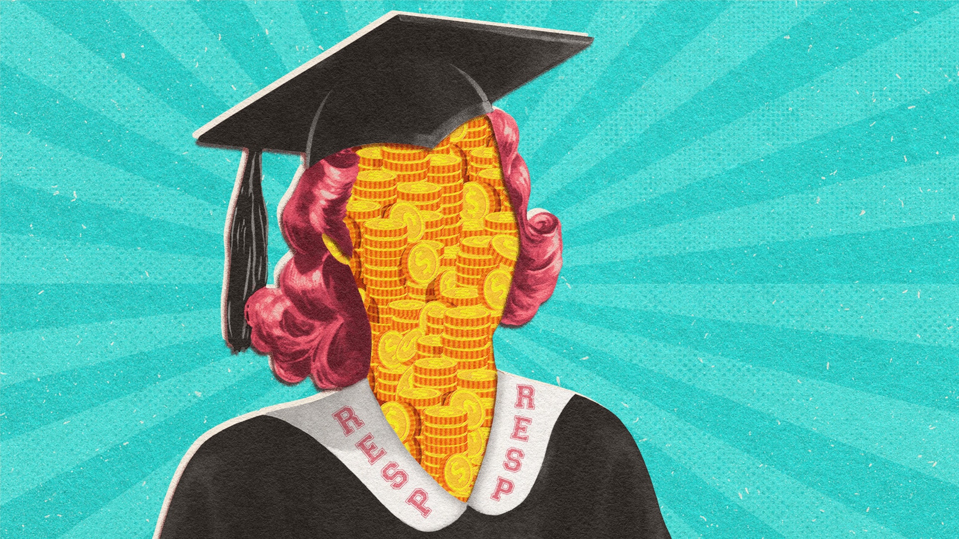 Illustration of a college graduate with pink hair, and coins in place of their face. The letters "RESP" appear on her graduation robe.