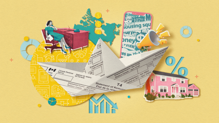 Collage of tax-related imagery, including a T4 folded into a paper boat.