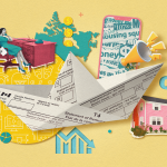 Collage of tax-related imagery, including a T4 folded into a paper boat.