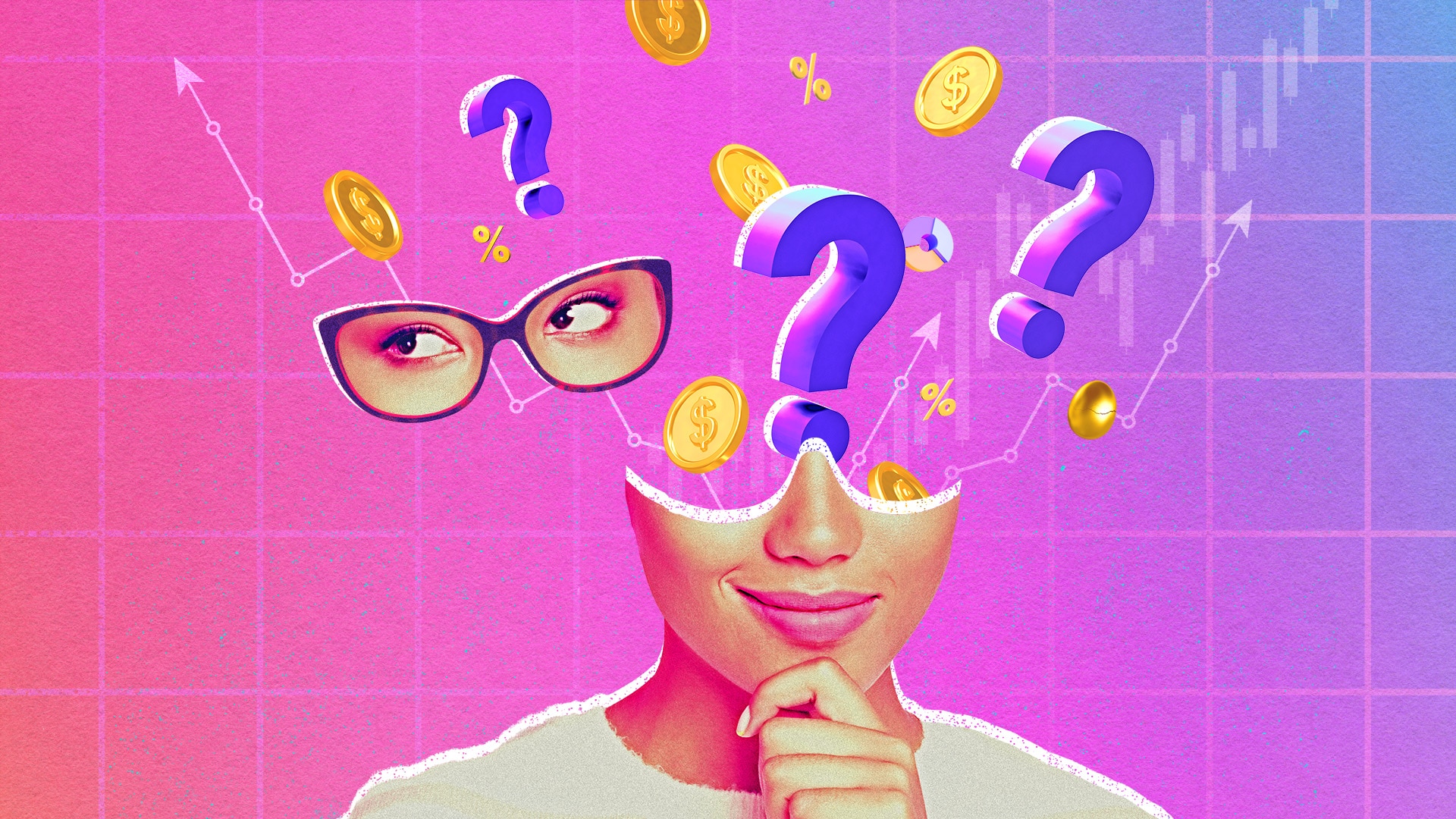 Illustrative collage featuring question marks, stock market