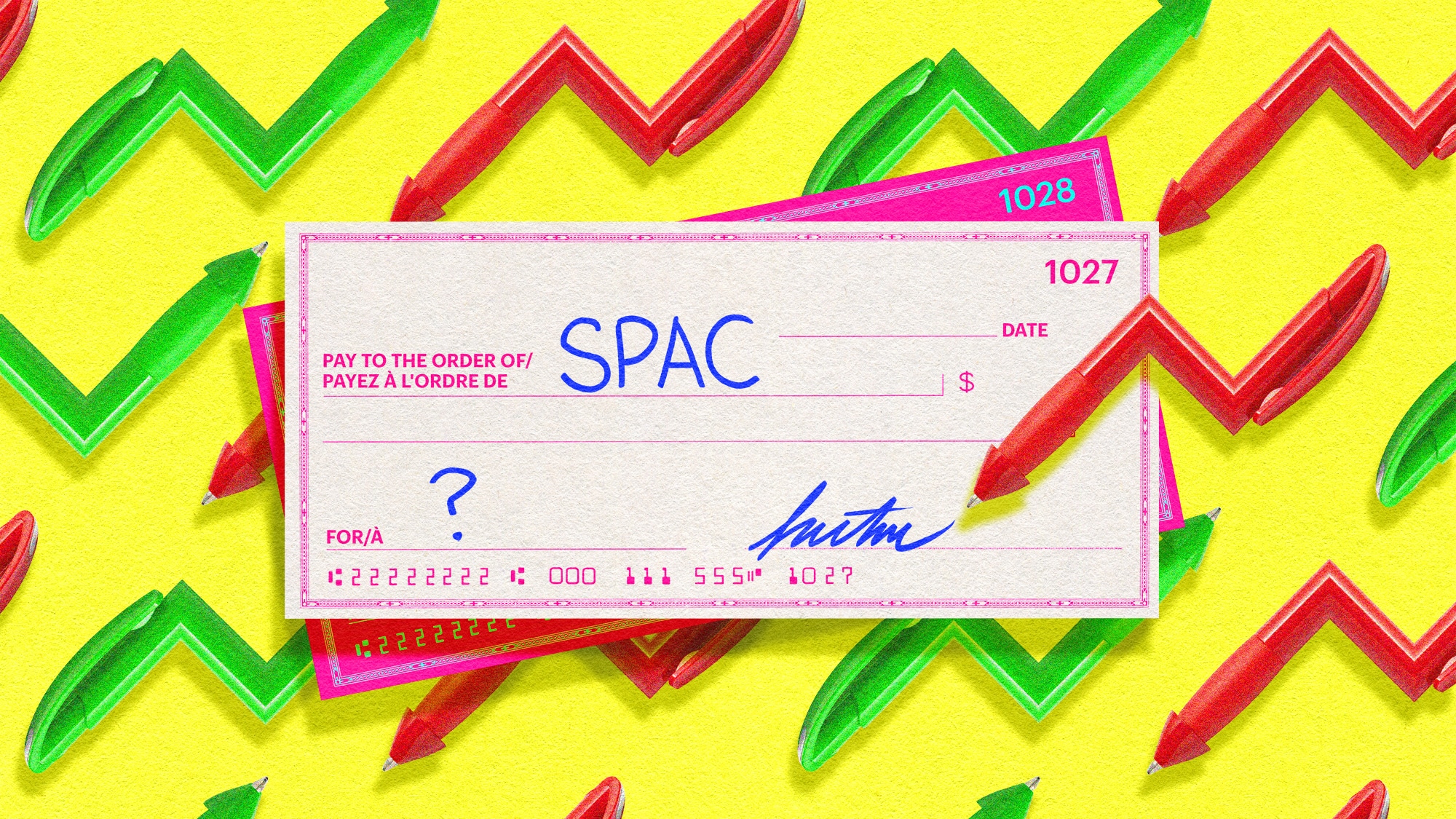 A cheque that says "SPAC" on a yellow background, surrounded by pens that look like stock market chart arrows.
