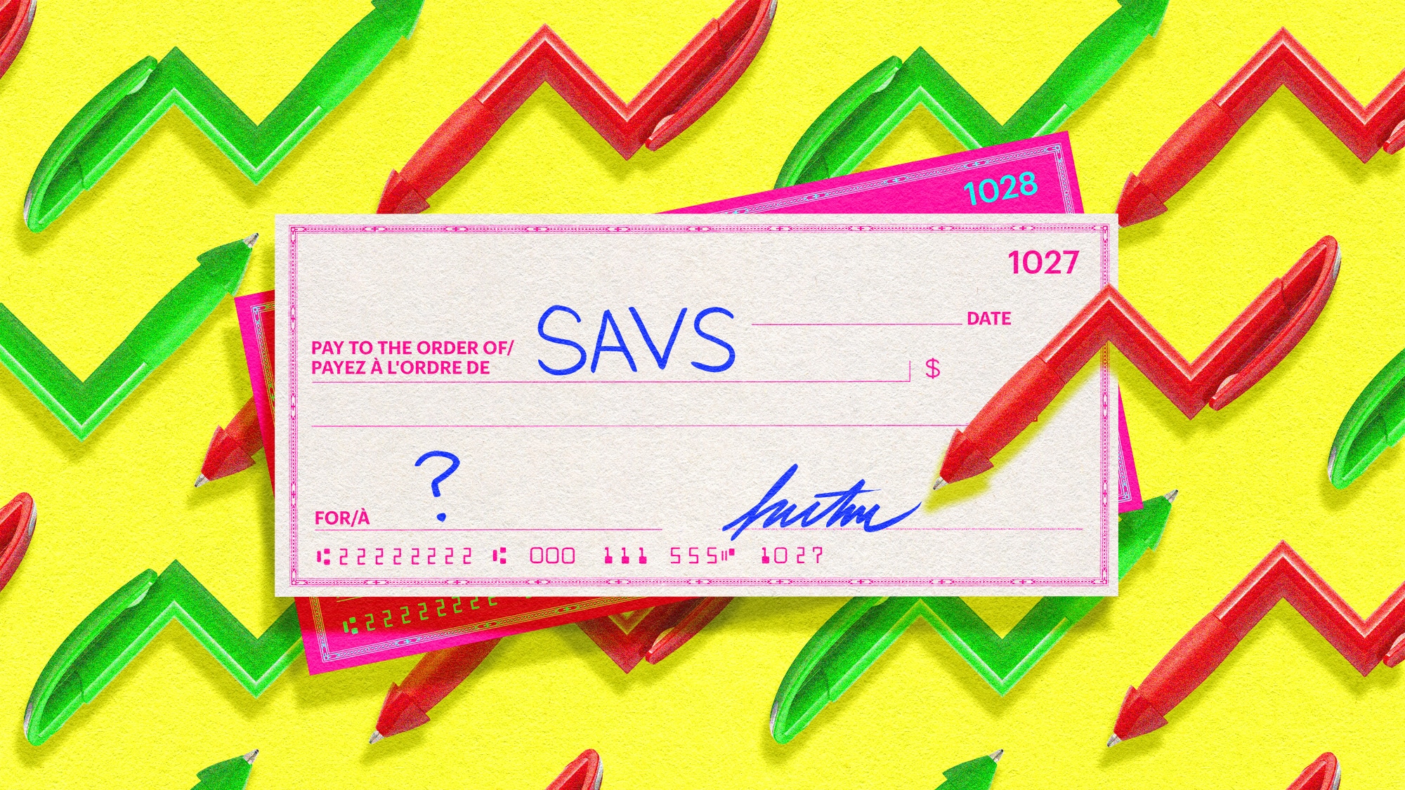 A cheque that says "SAVS" on a yellow background, surrounded by pens that look like stock market chart arrows.