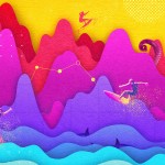 Colourful collage depicting waves that resemble stock market charts and get more volatile the further away they get. Surfers ride the waves, and sea monsters lurk in the most volatile places.