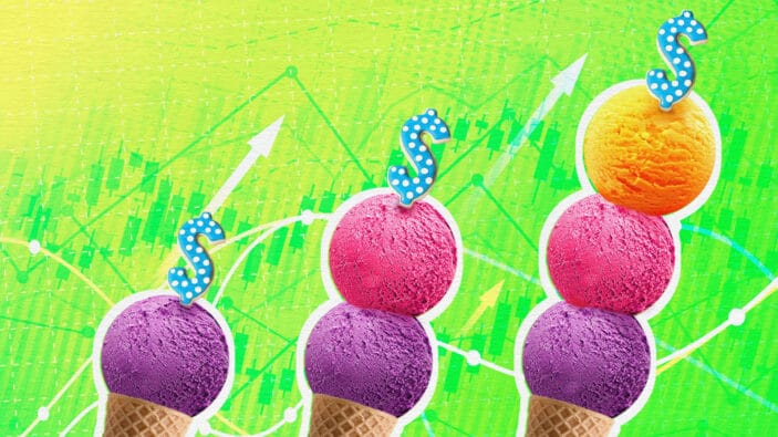 Illustration of ice cream cones with increasing number of scoops, and dollar-sign toppers.
